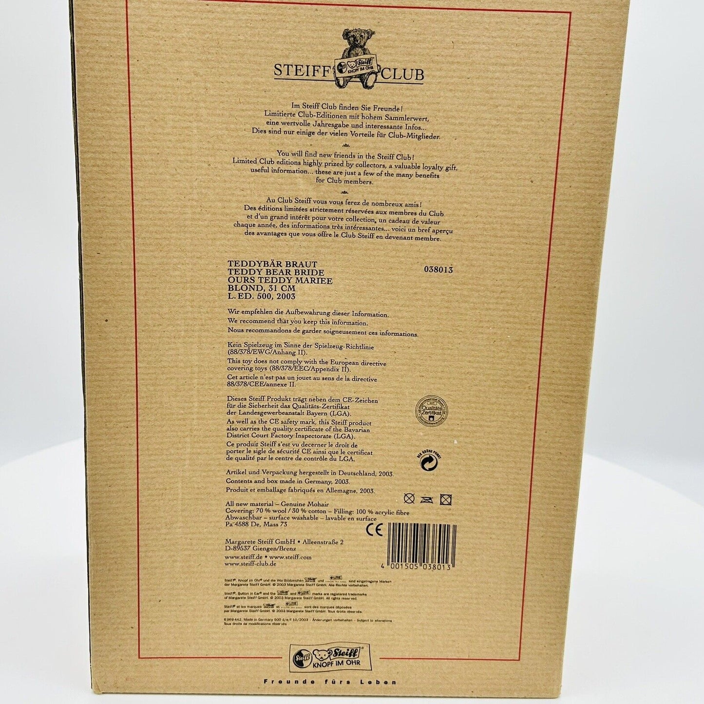 Steiff 038013 Teddybär Braut Hochzeitsgesellschaft limitiert 500 31 cm Mohair