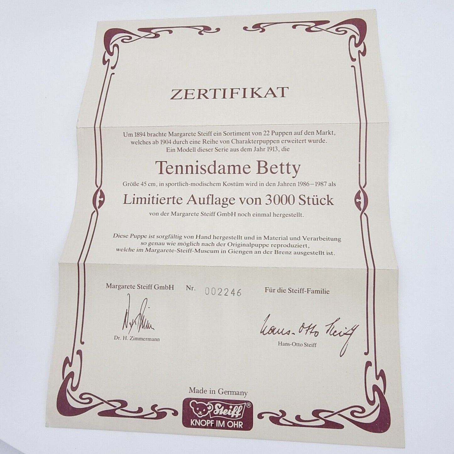 Steiff 9100/45 Filzpuppe Tennisdame Betty Replica 1913 limitiert 3000 aus 1986