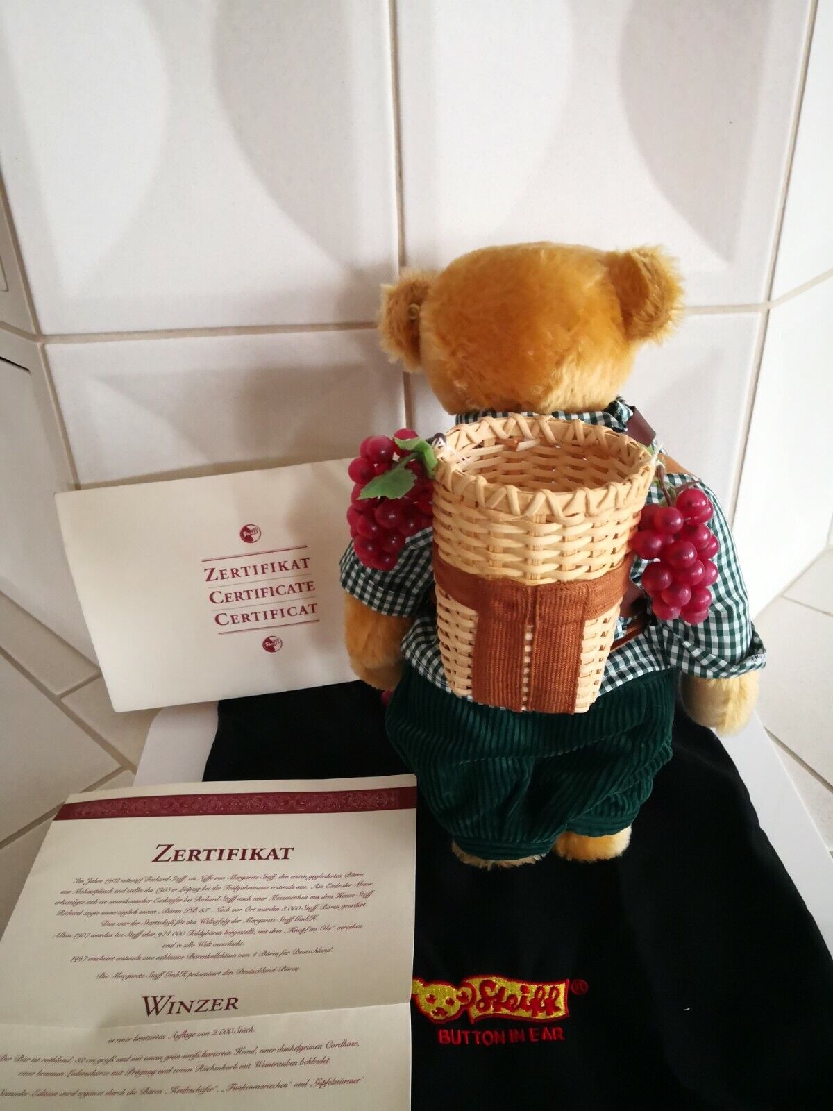 Steiff Teddybär Winzer rotblond, 32 cm, 670091, limitierte Auflage Zertifikat