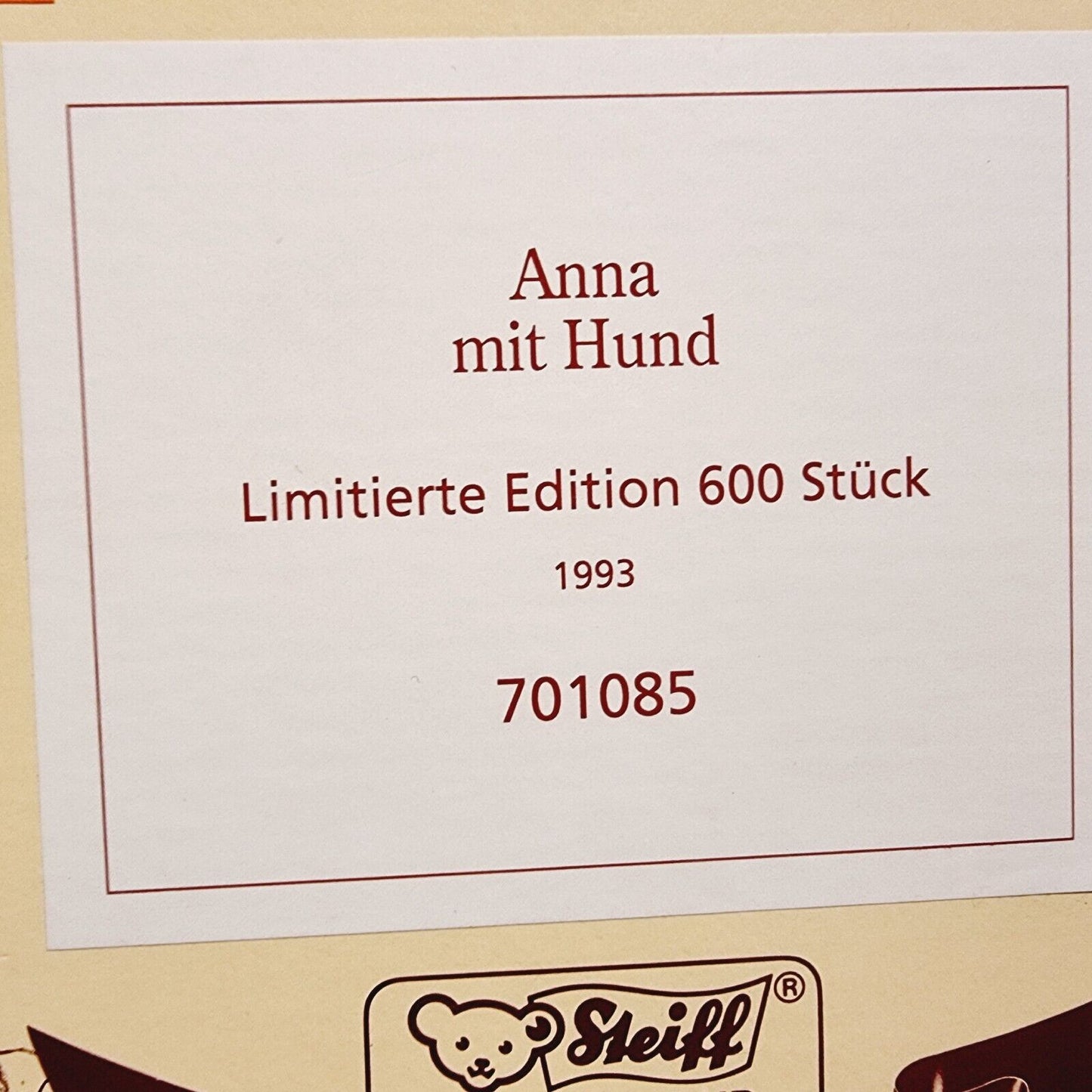 Nr. 500! Steiff 701085 Puppe Anna mit Hund limitiert 600 aus 1993