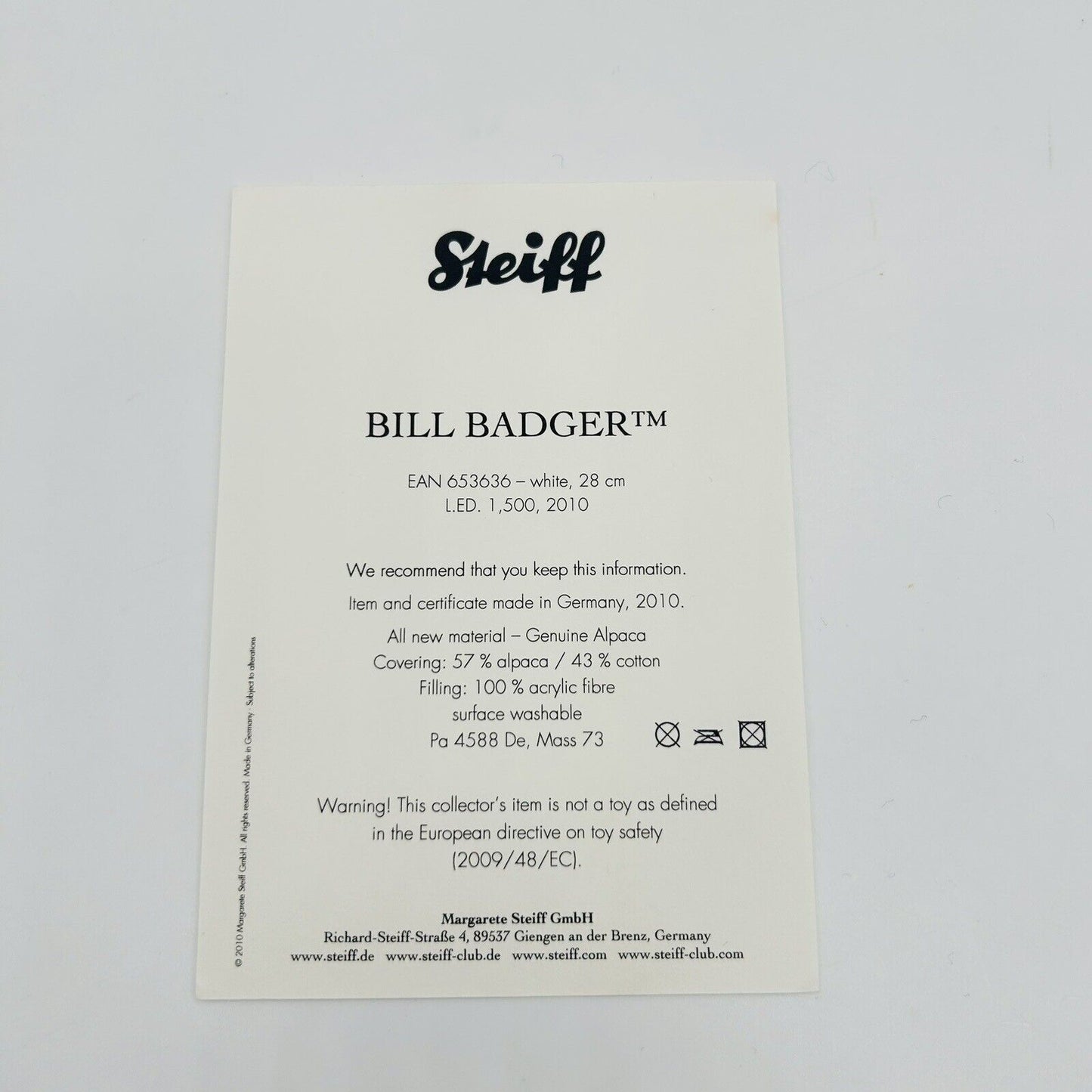 Steiff 653636 Bill Badger aus Rupert limitiert 1500 aus 2010 28 cm Alpaca