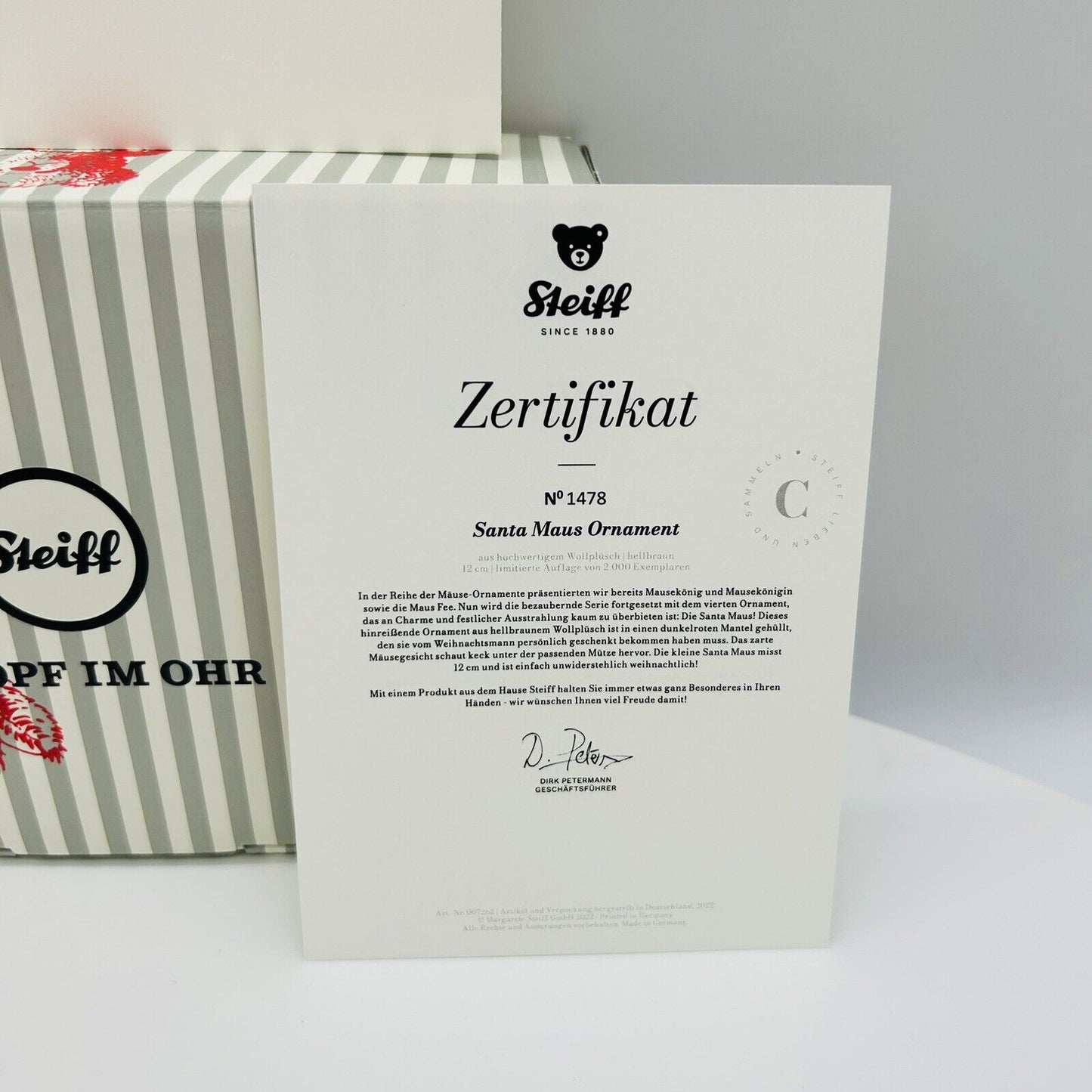 Steiff 007262 Ornament Maus Santa limitiert 2000 aus 2022 12 cm Mohair