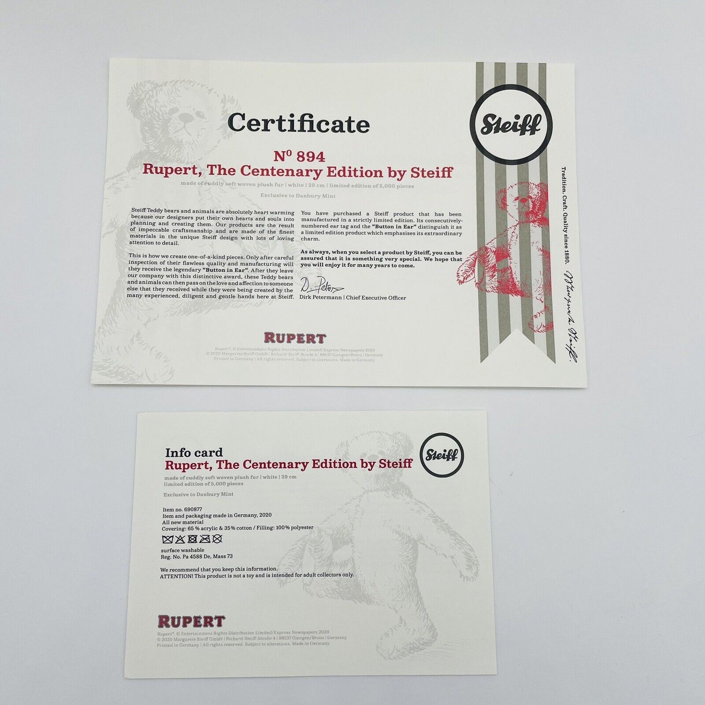 Steiff Teddybär Rupert 690877 für Danbury Mint limitiert 5000 aus 2020 29cm