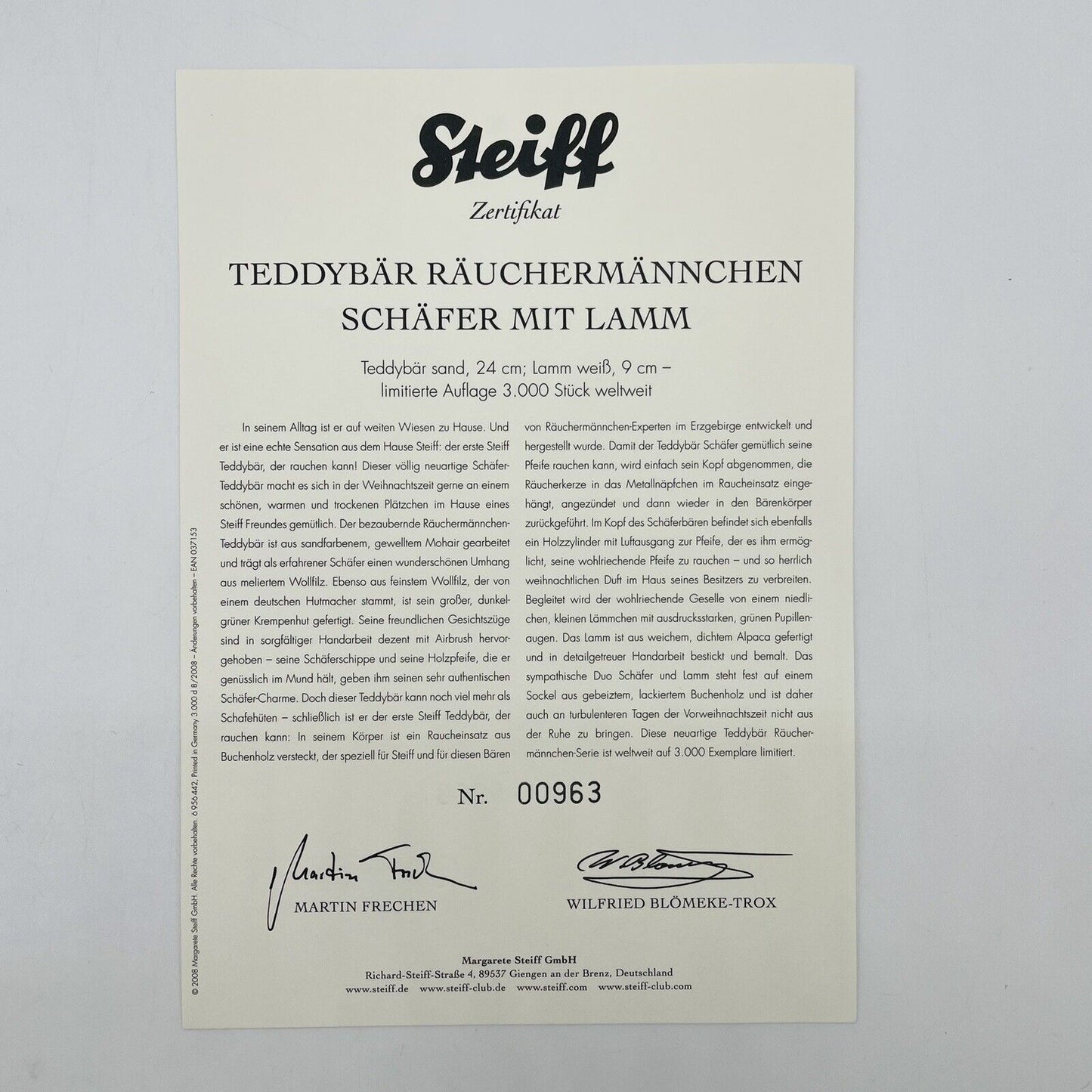 Steiff Räuchermännchen Schäfer mit Lamm 037153 24cm / 9cm 2008