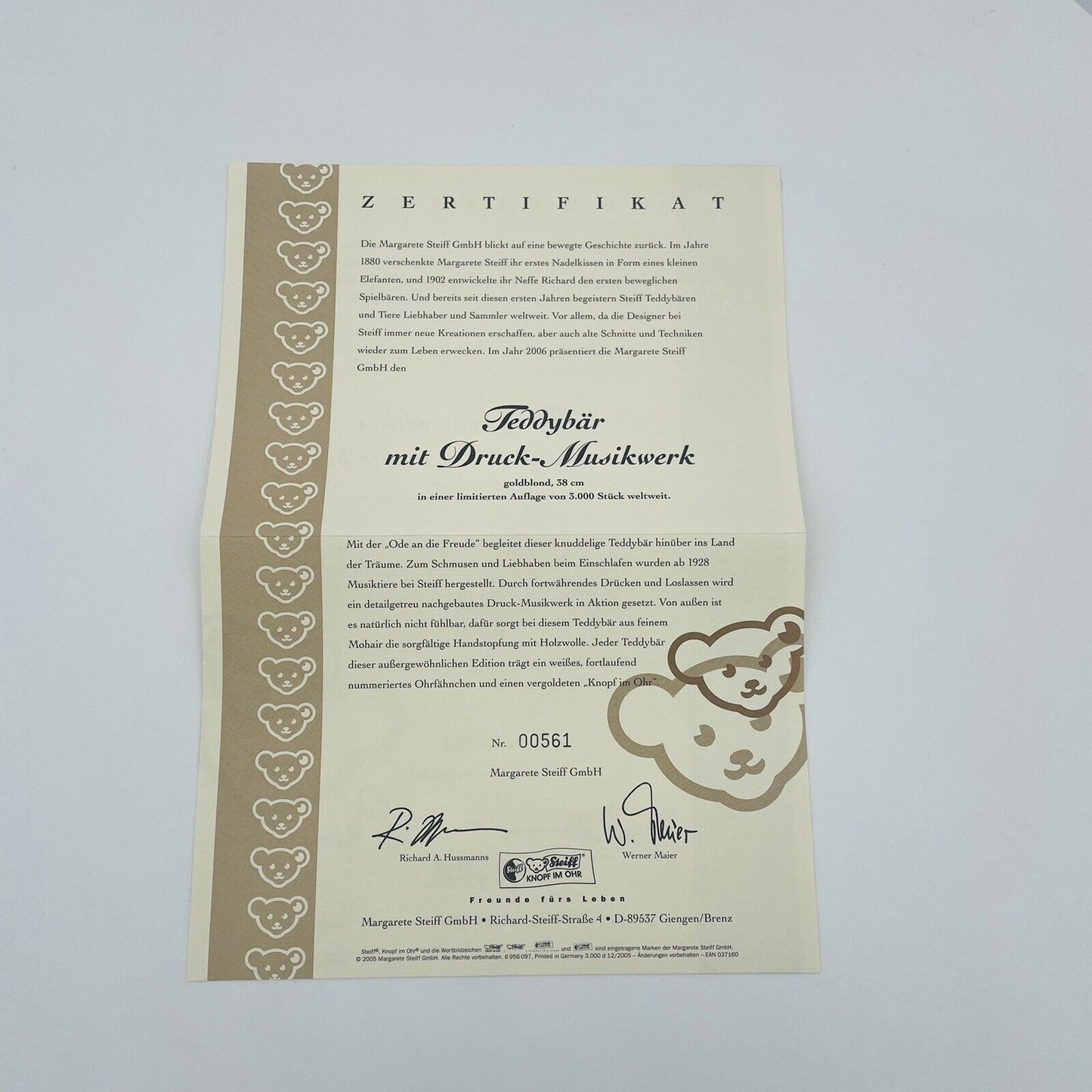 Steiff Teddybär mit Druck-Musikwerk 037160 limitiert 3000 38cm Mohair