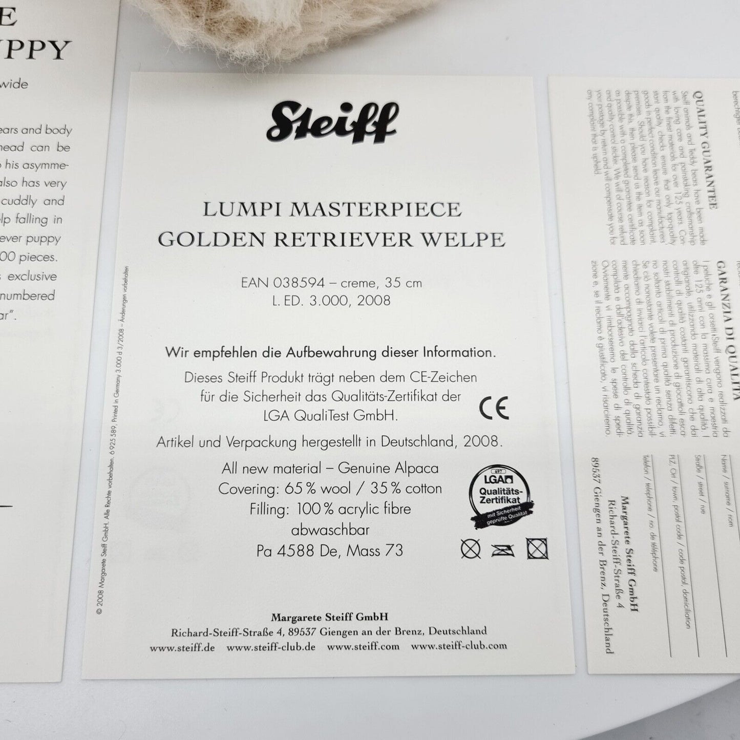 Steiff 038594 Lumpi Masterpiece Golden Retriever Welpe 35 cm limitiert 3000