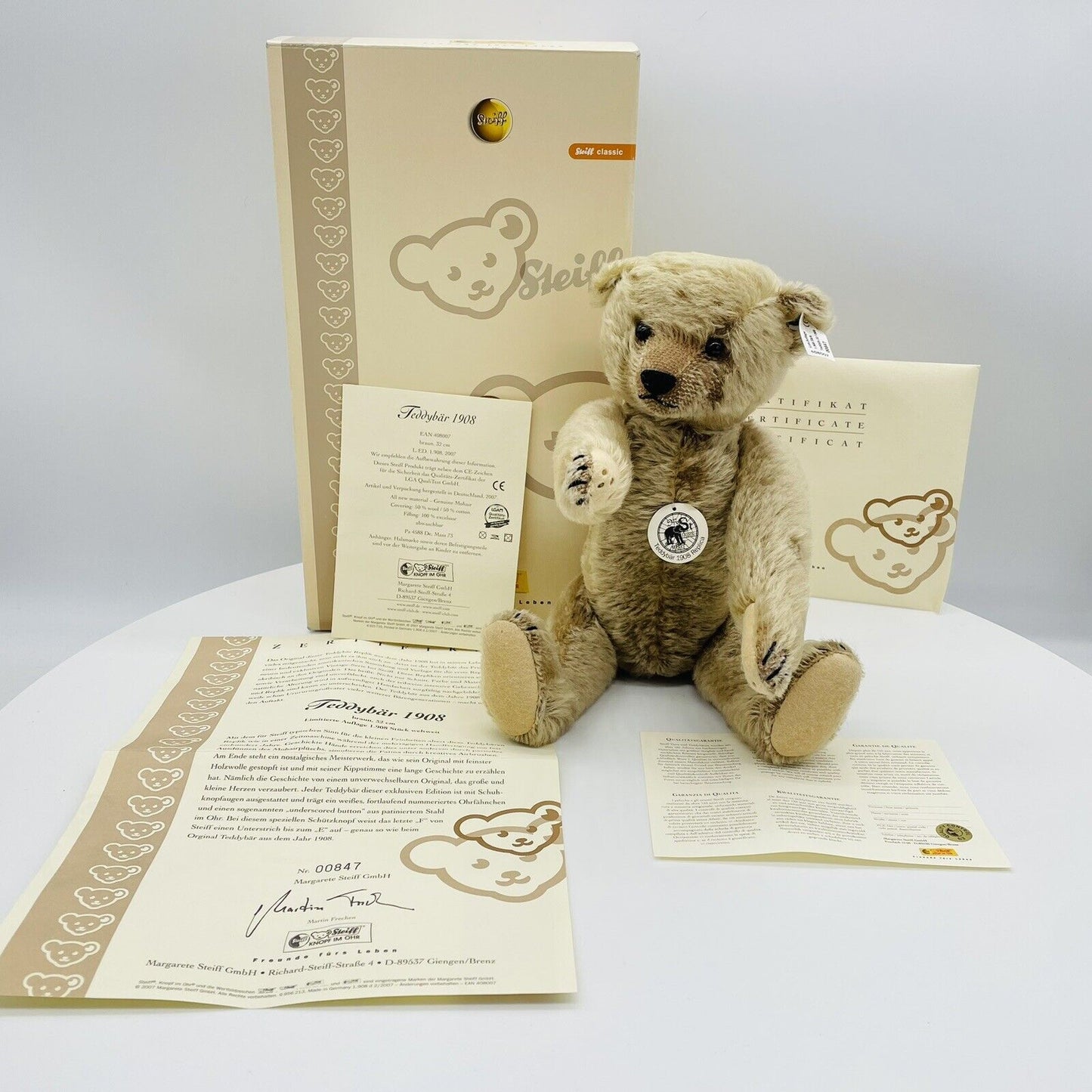 Steiff Teddybär 1908 Replica 408007 limitiert 1908 aus 2007 32cm Mohair