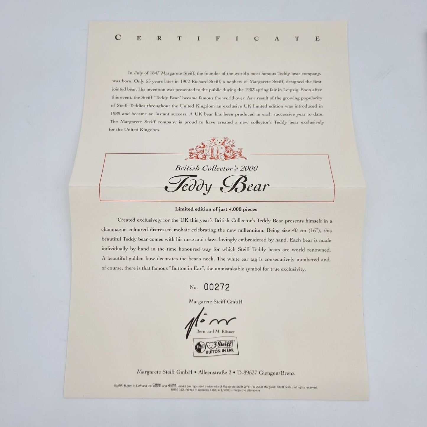 Steiff 654763 Teddybär British Collectors 35 cm Jahr 2000 limitiert 4000