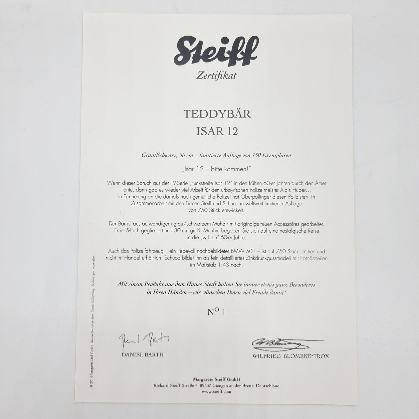 !Nr. 1! Steiff 673825 Isar 12 Teddybär 30 cm limitiert 750 Stadtpolizei München