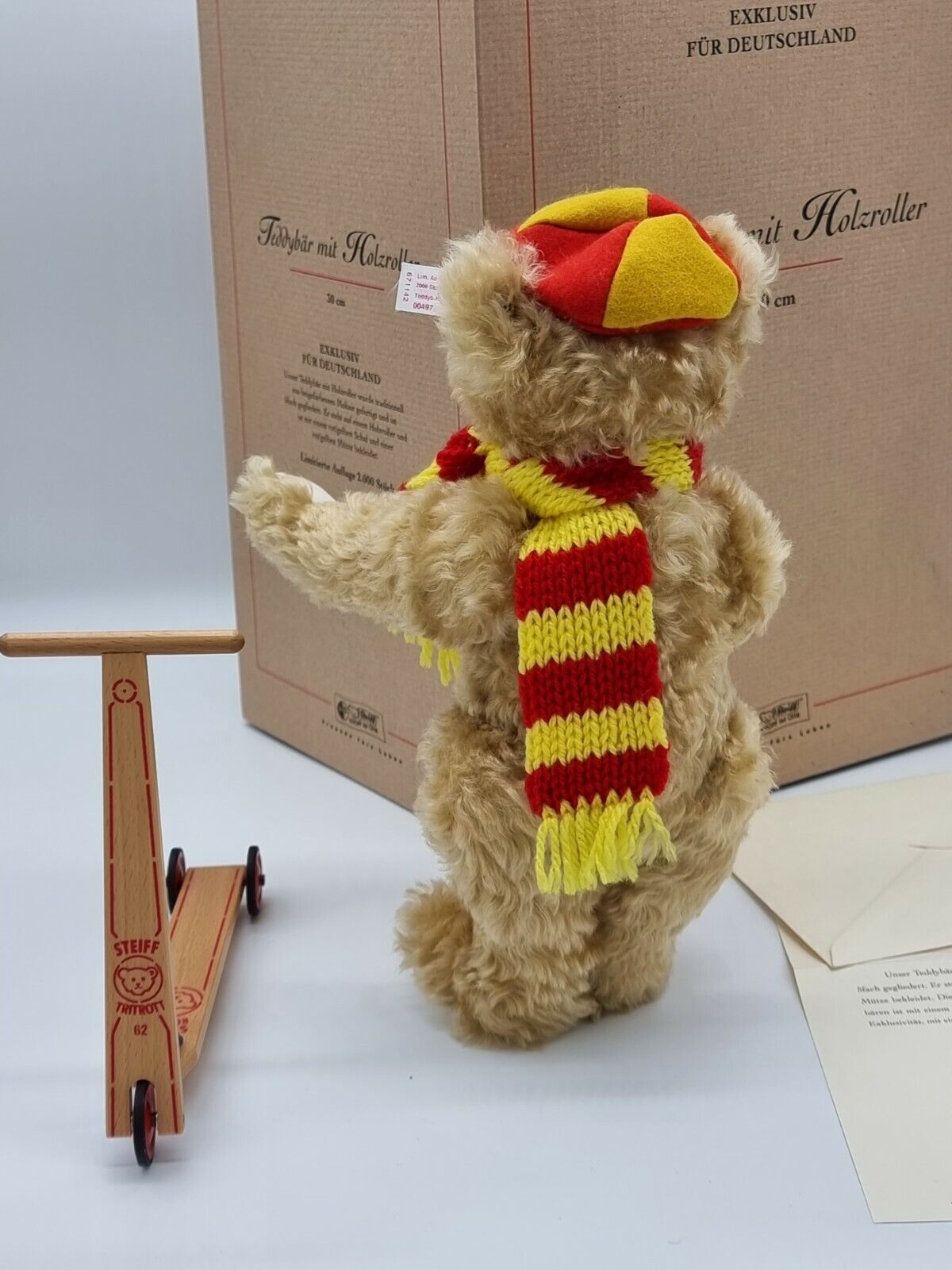 Steiff Teddybär mit Holzroller 671142 limitiert Zertifikat OVP Mohair Sammler