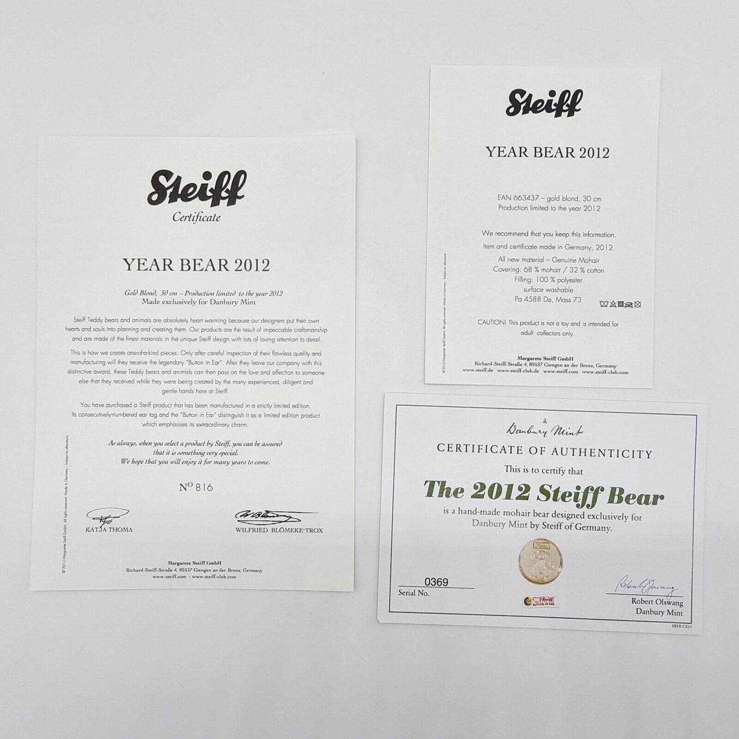 Steiff Danbury Mint 663437 Teddybär Year Bear 2012 limitiert 2012 30cm Mohair