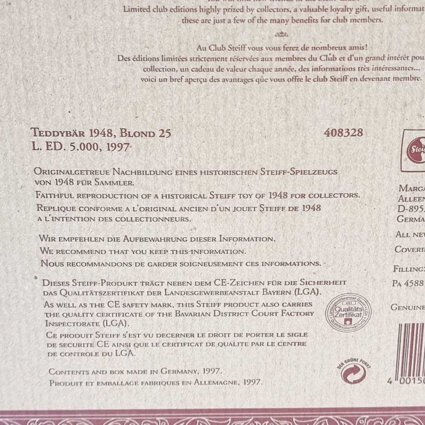 408328 Steiff Teddybär 1948 Replica 1997 25 cm blond limitiert