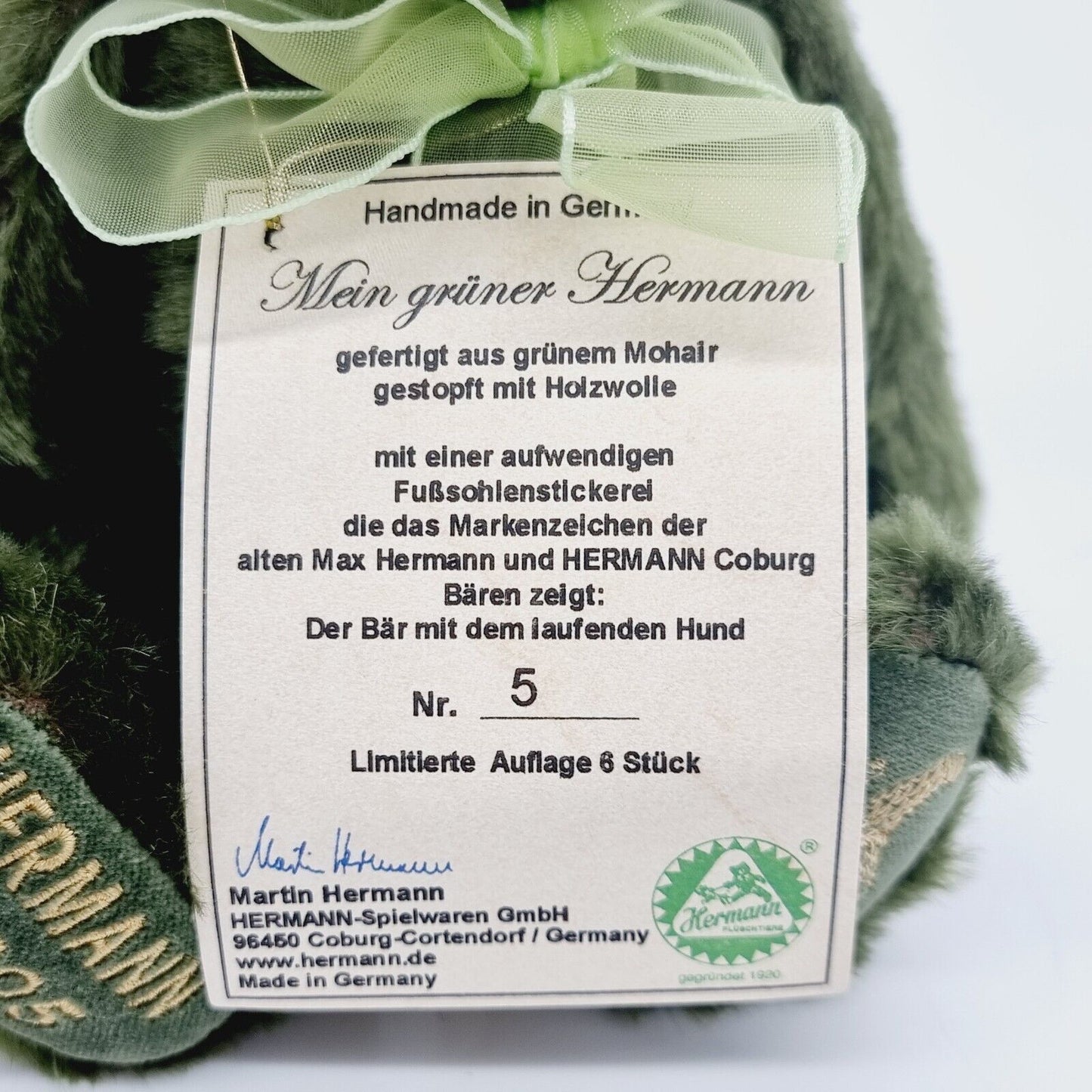 Hermann Coburg Teddybär Mein grüner Hermann limitiert 6 23 cm Mohair