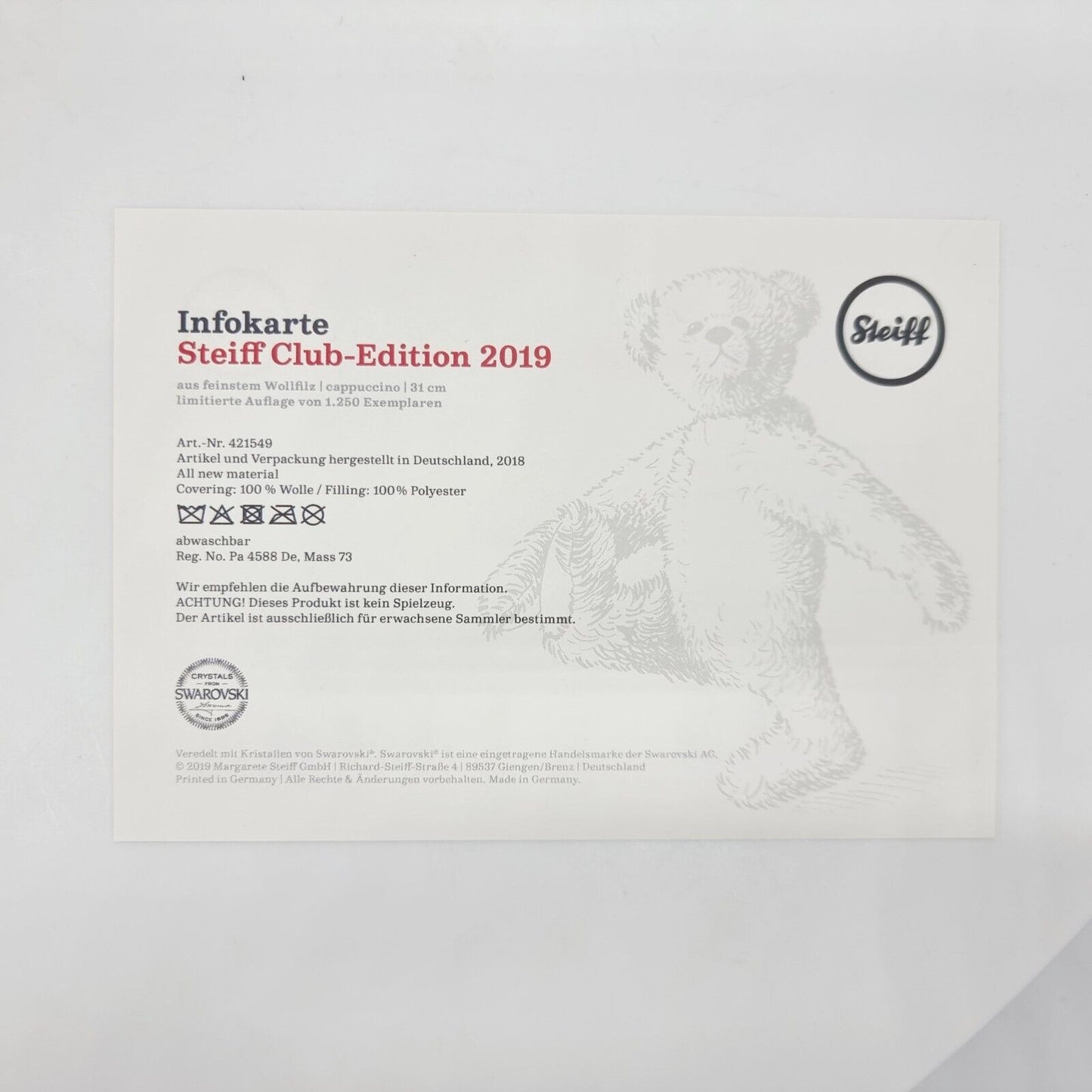 SALE Steiff 421549 Filzteddybär Club Edition 2019 Swarovski 31 cm