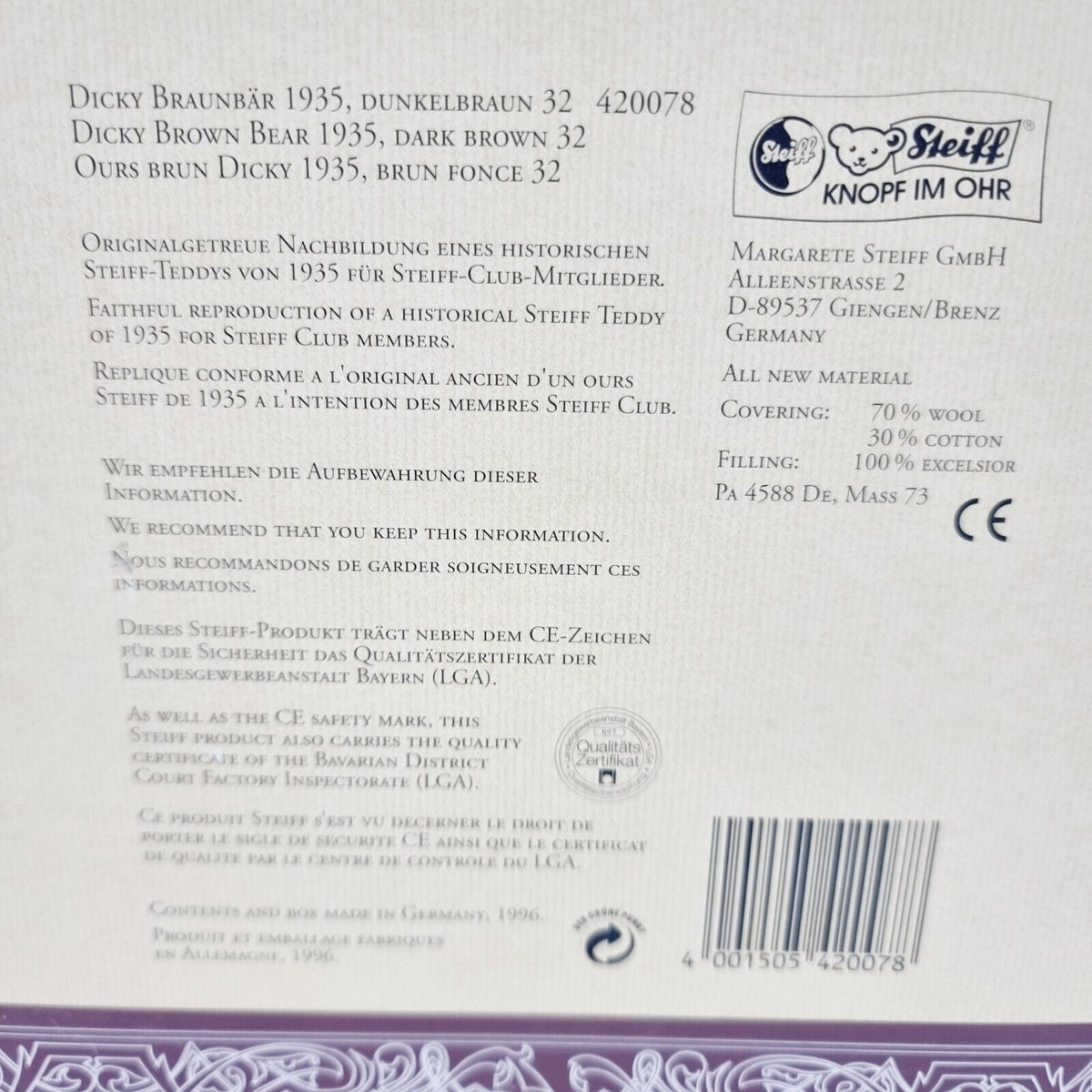 Steiff 420078 Dicky Braunbär 32 cm 1935 Club Edition 1996 / 1997