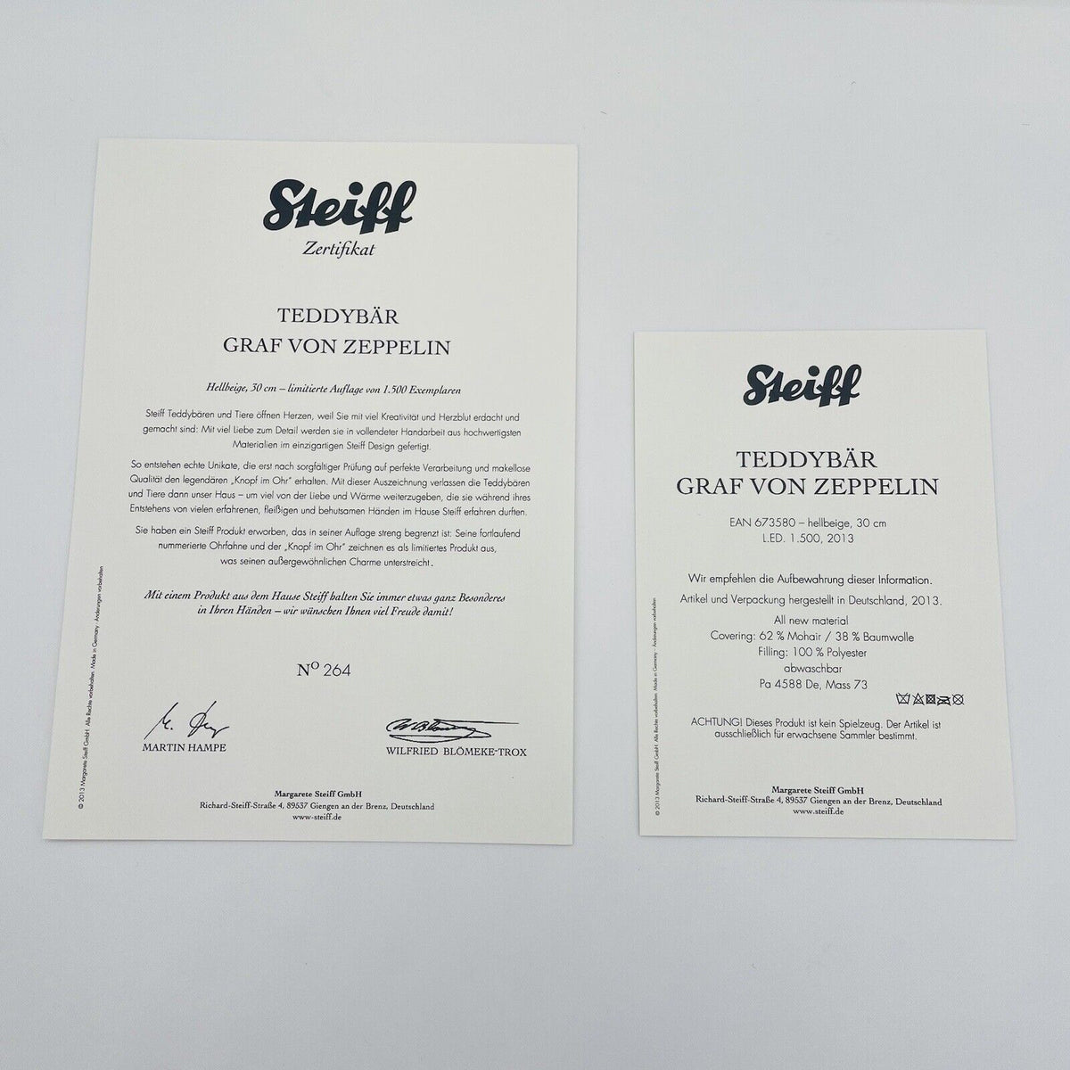 Steiff Graf von Zeppelin 673580 limitiert 1500 Stück 30cm Mohair