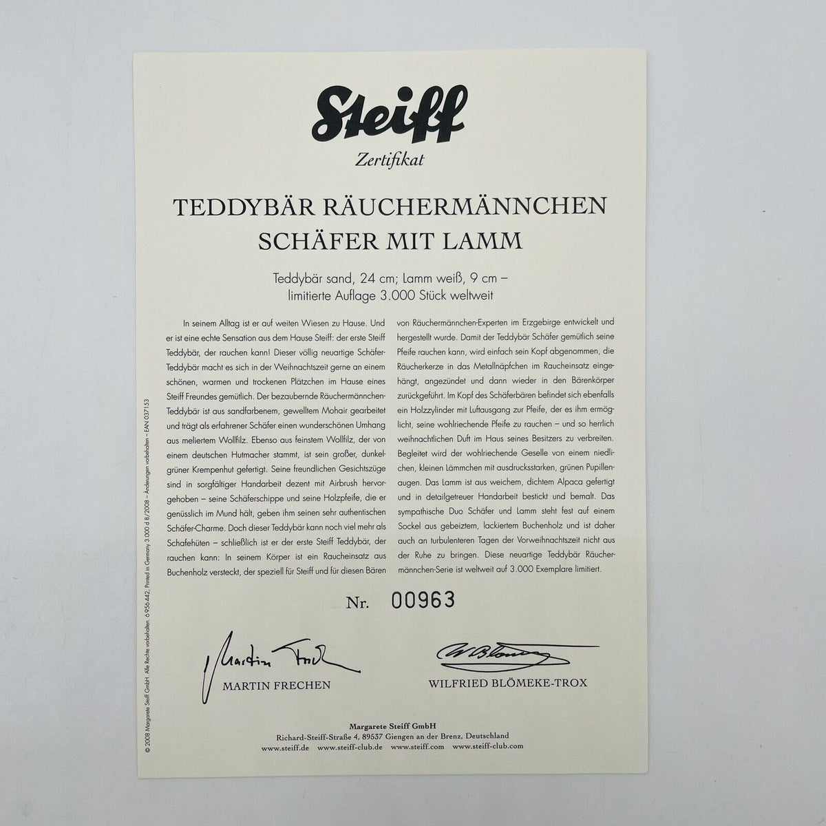 Steiff Räuchermännchen Schäfer mit Lamm 037153 24cm / 9cm 2008