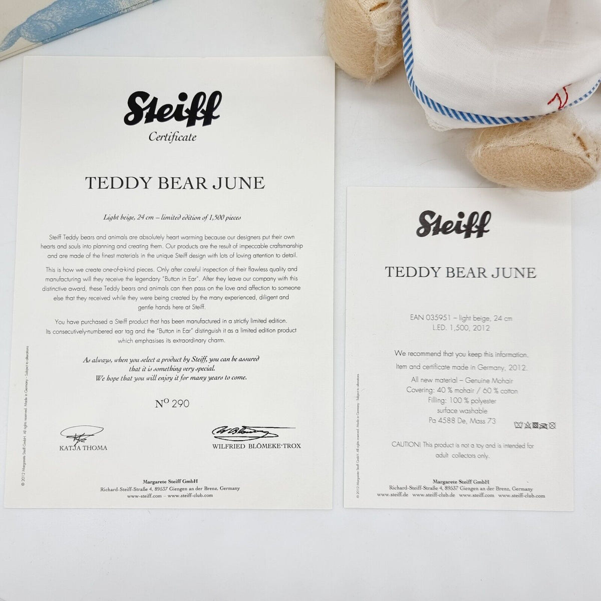 Steiff 035951 Teddybär June limitiert 1500 aus 2012 24 cm Mohair
