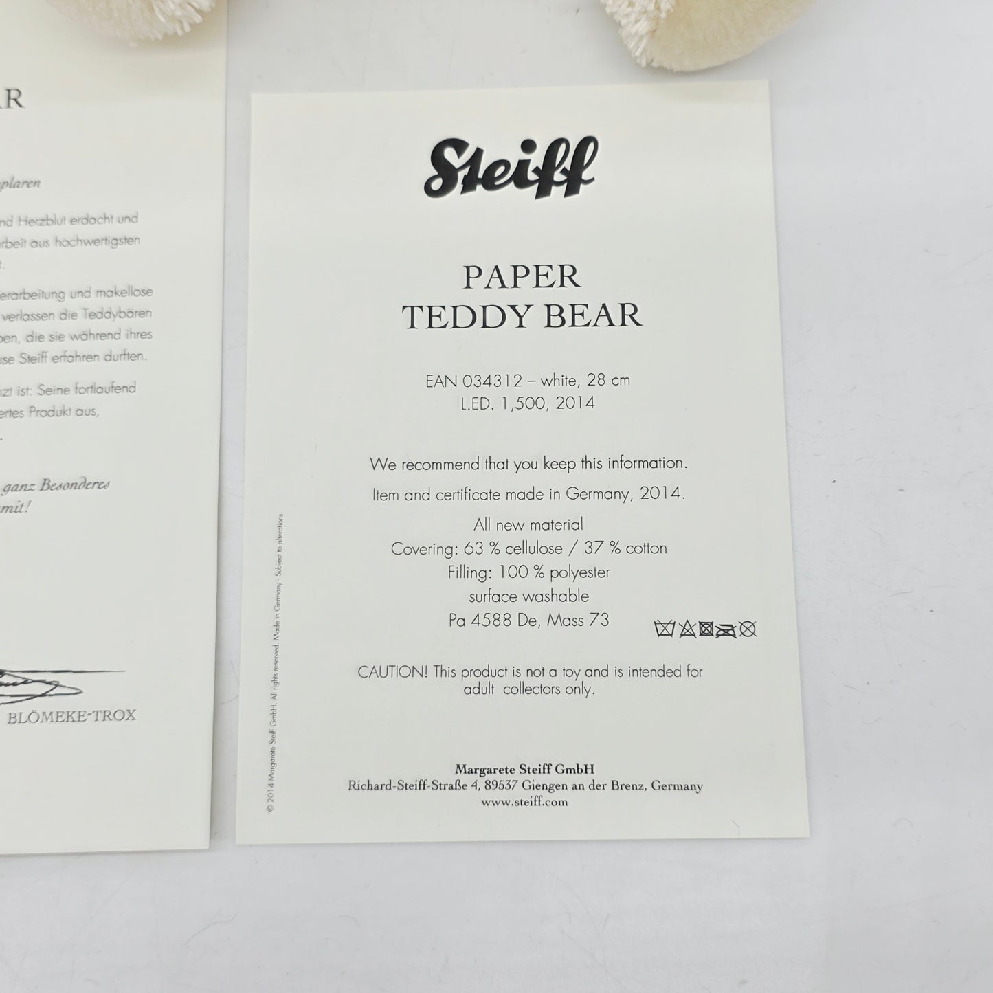 Steiff 034312 Papierteddybär limitiert 1500 aus 2014 28 cm Papierplüsch