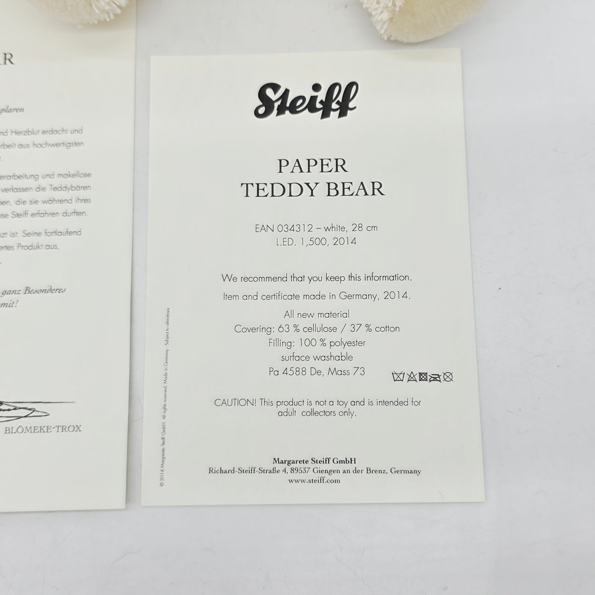 Steiff 034312 Papierteddybär limitiert 1500 aus 2014 28 cm Papierplüsch