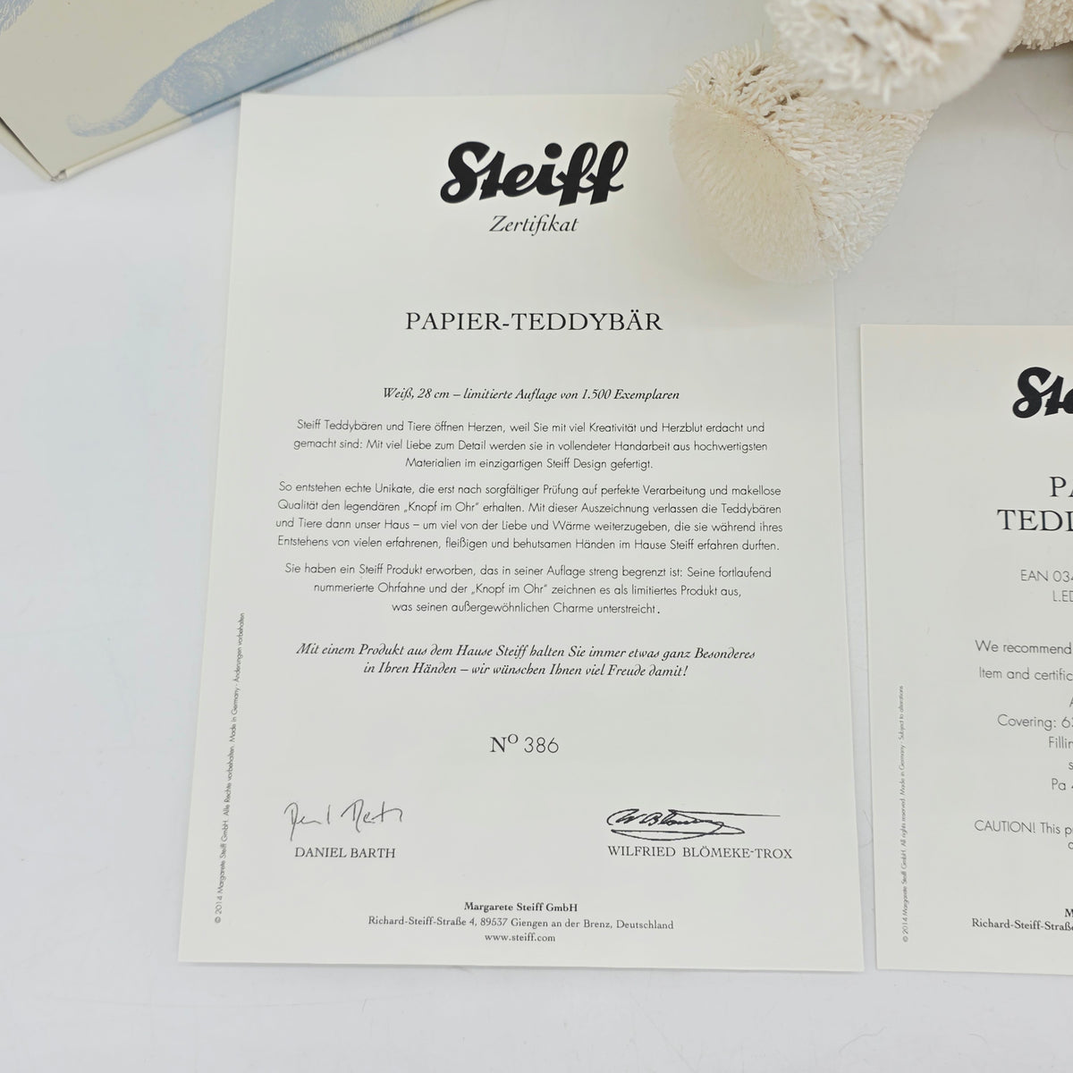 Steiff 034312 Papierteddybär limitiert 1500 aus 2014 28 cm Papierplüsch