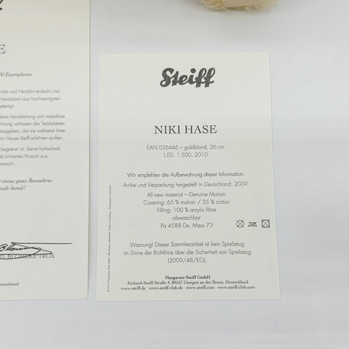 Steiff 036446  Niki Hase limitiert 1500 aus 2010 26cm Mohair