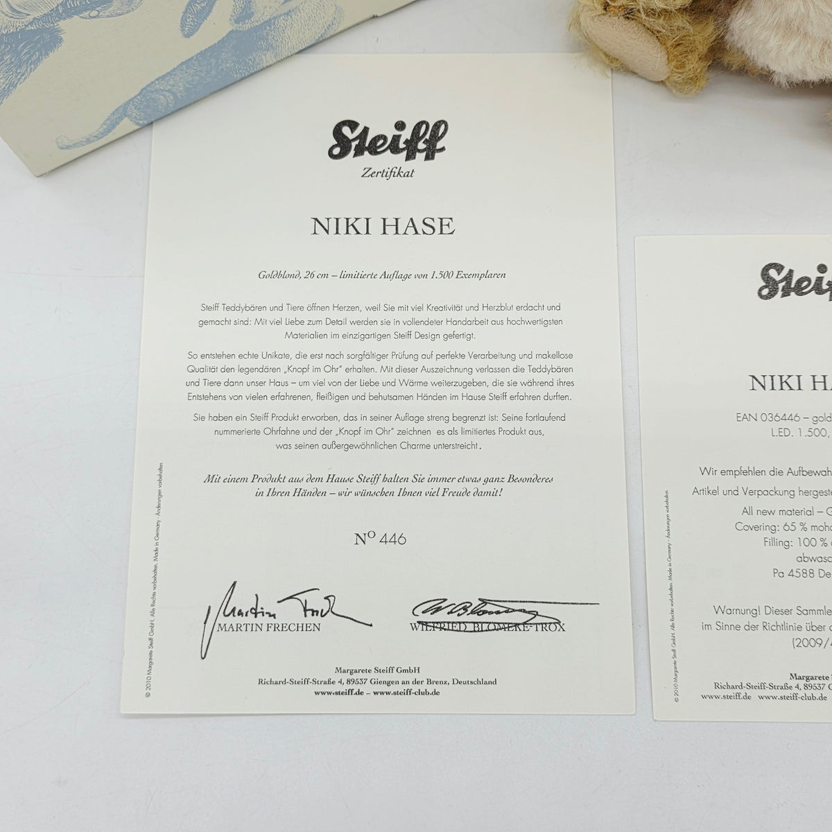 Steiff 036446  Niki Hase limitiert 1500 aus 2010 26cm Mohair