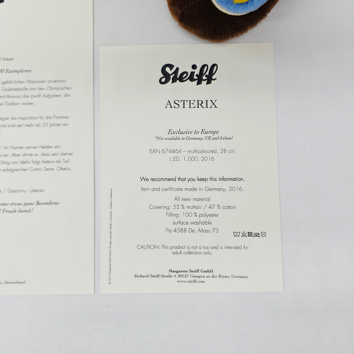 Steiff 674464 Asterix exklusiv für Europa limitiert Jahr 2017