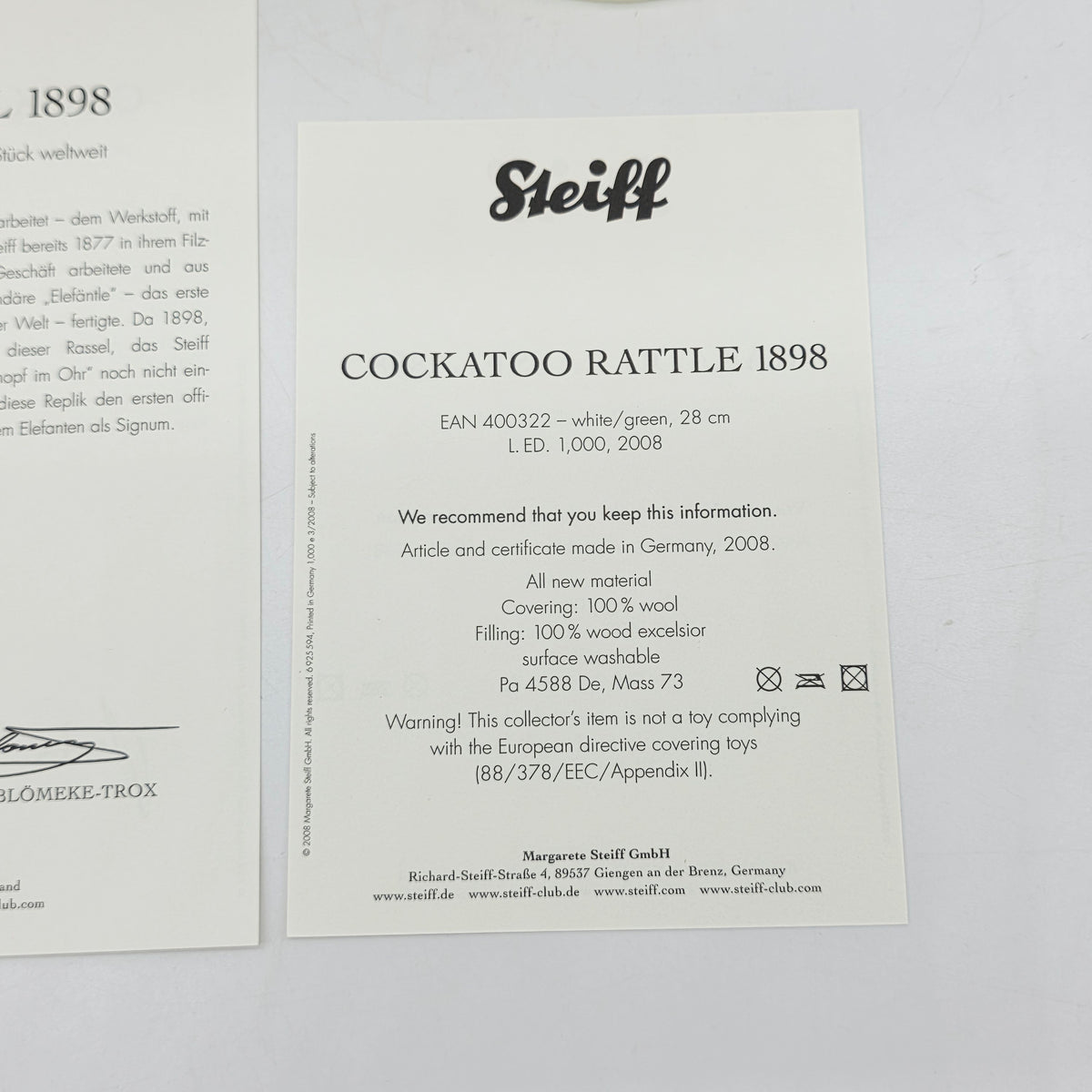 Steiff 400322 Kakadu Rassel Replica 1898