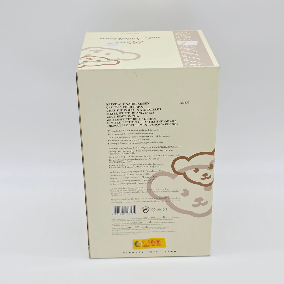 Steiff 420535 Katze auf Nadelkissen weiß 17 cm Jahr 2006