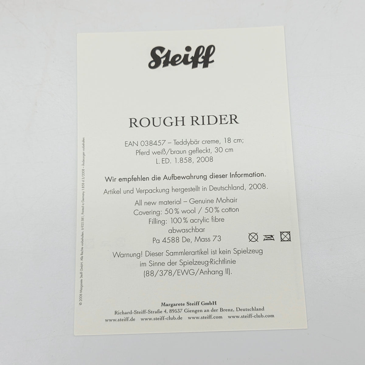 Steiff 038457 Teddybär Rough Rider limitiert 1858 aus 2008 18 cm/30 cm