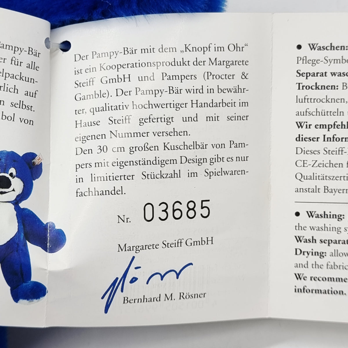 Steiff 996757 Pampers Pamy-Bär Teddybär blau limitiert 5000 Jahr 1998 Zertifikat