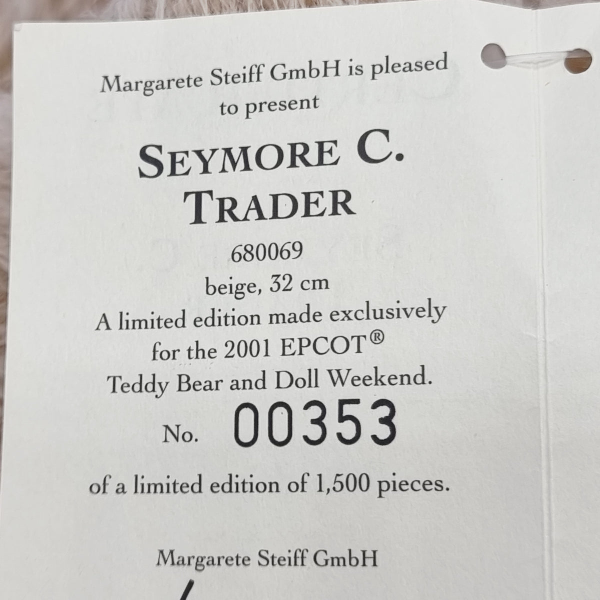 Steiff 680069 Seymore C. Trader Teddybär Disney Convention 2001 beige 32 cm