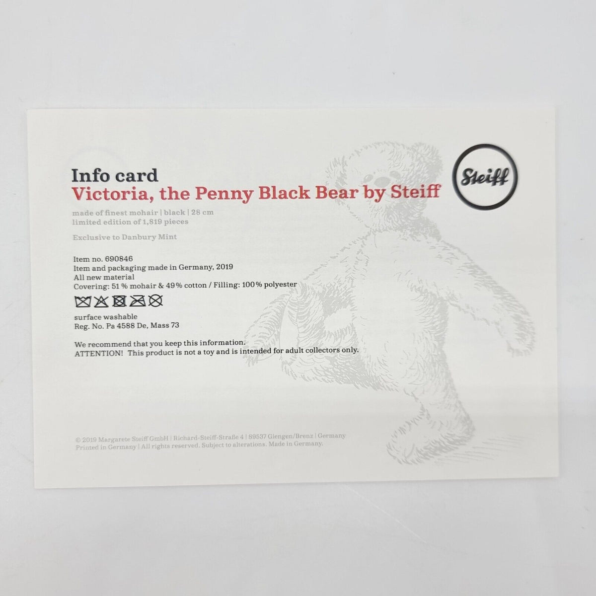 Steiff 690846 Danbury Mint Teddybär Schwarzer Einser Penny Black Bear 28 cm