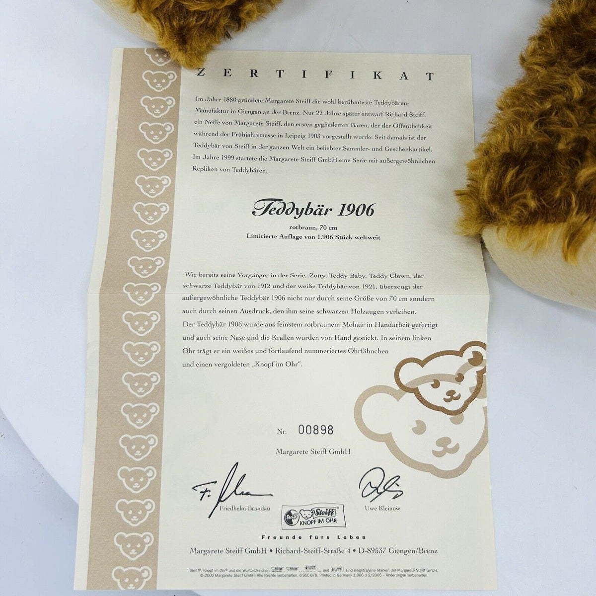 Steiff 404405 Teddybär Replica 1906 limitiert 1906 aus 2005 70 cm Mohair