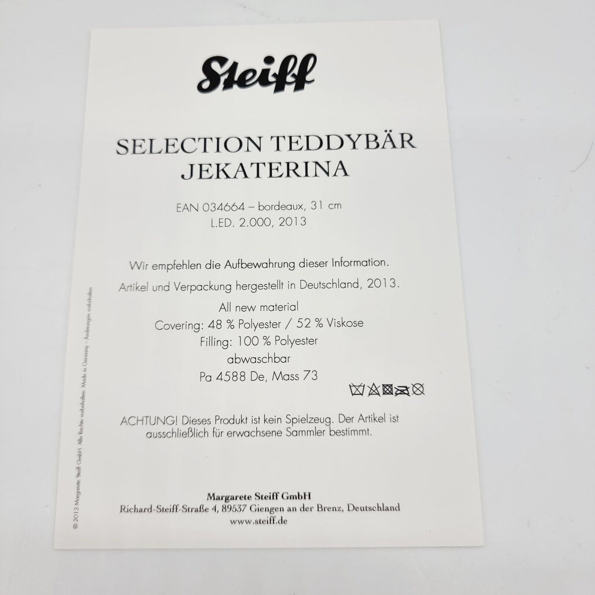 Steiff 034664 Selection Teddybär Jekaterina limitiert 2000 aus 2013 31 cm