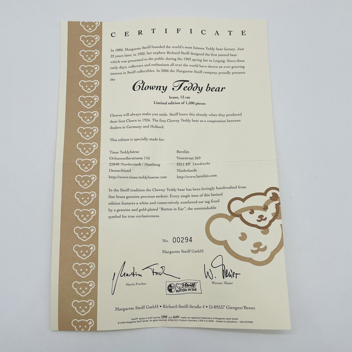 Steiff Teddybär Clowny 657658 limitiert 1500 aus 2006 13cm