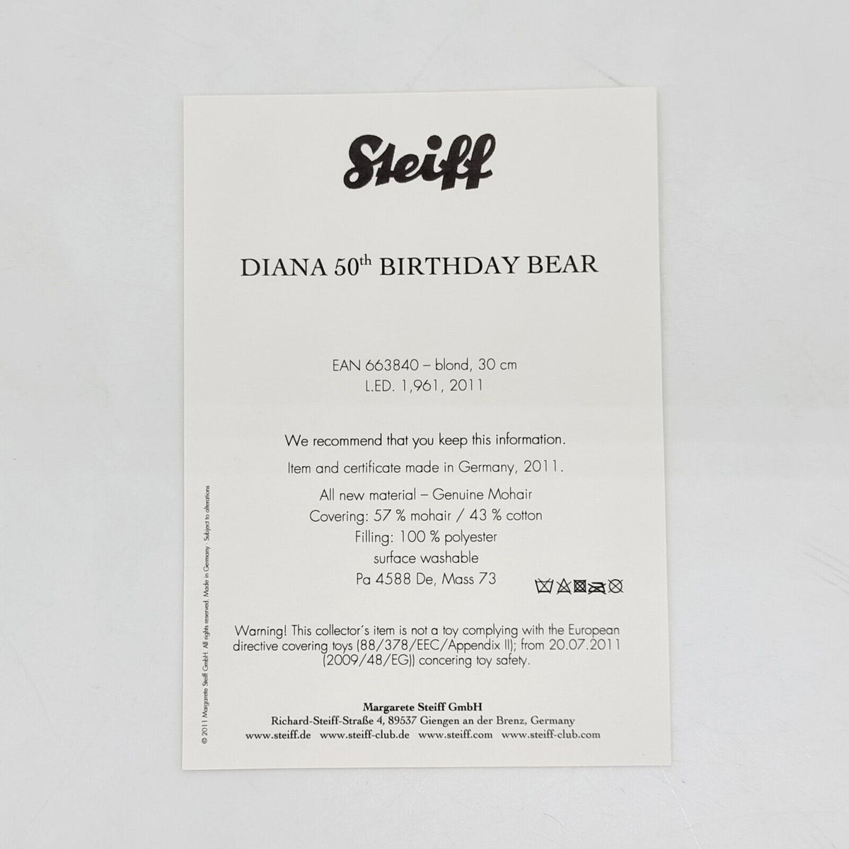 Steiff 663840 Teddybär Diana 50th Birthday limitiert 1961 aus 2011 30 cm Mohair