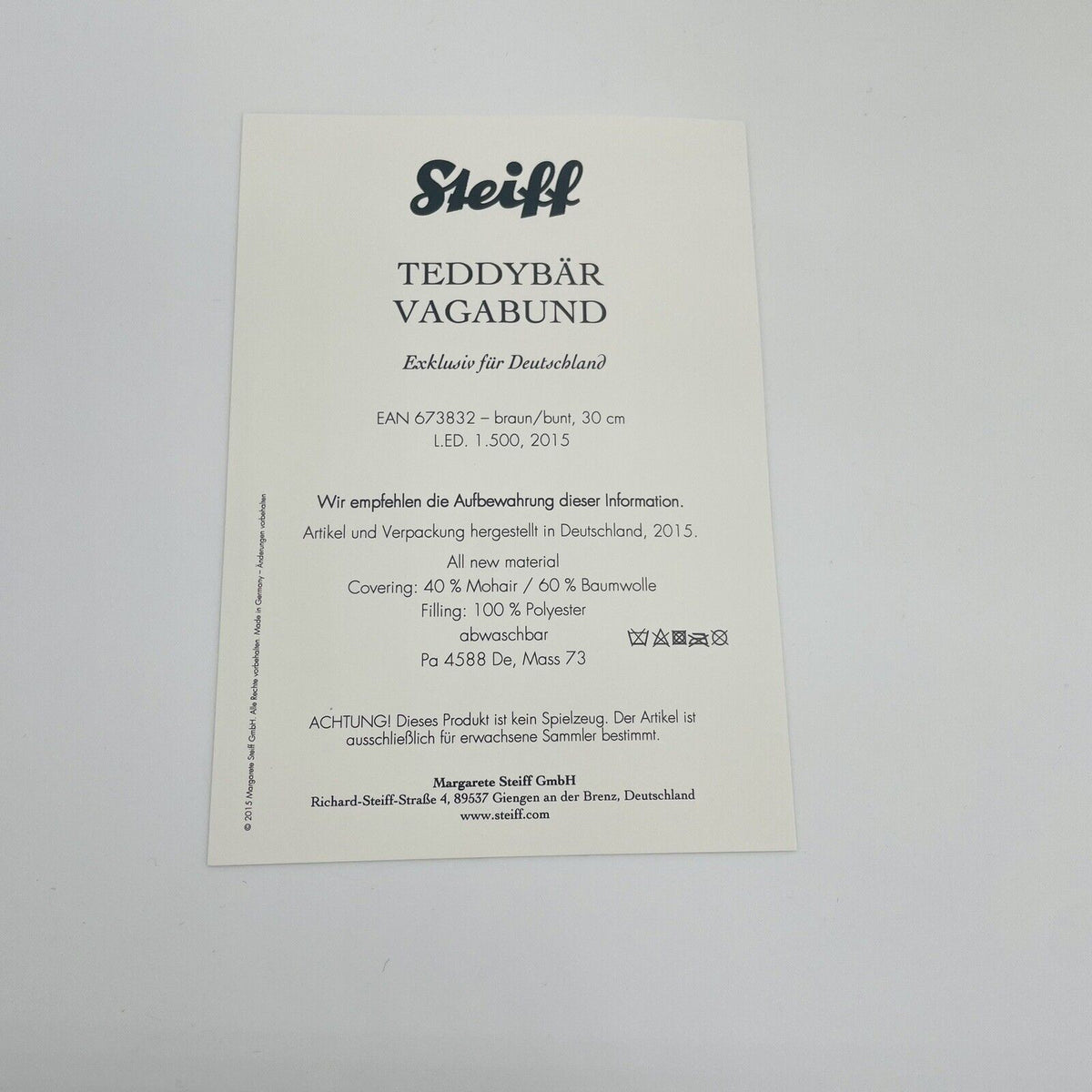 Steiff Teddybär Vagabund 673832 limitiert 1500 aus 2015 30cm Mohair