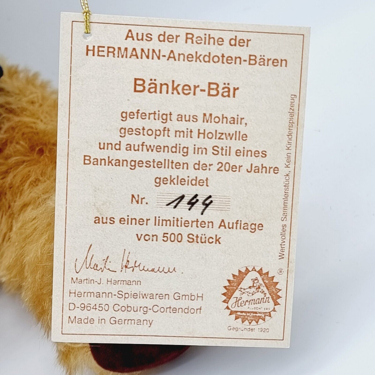Hermann Teddybär Bänker-Bär Nr. 144 limitiert 500 Mohair Anekdoten-Bär