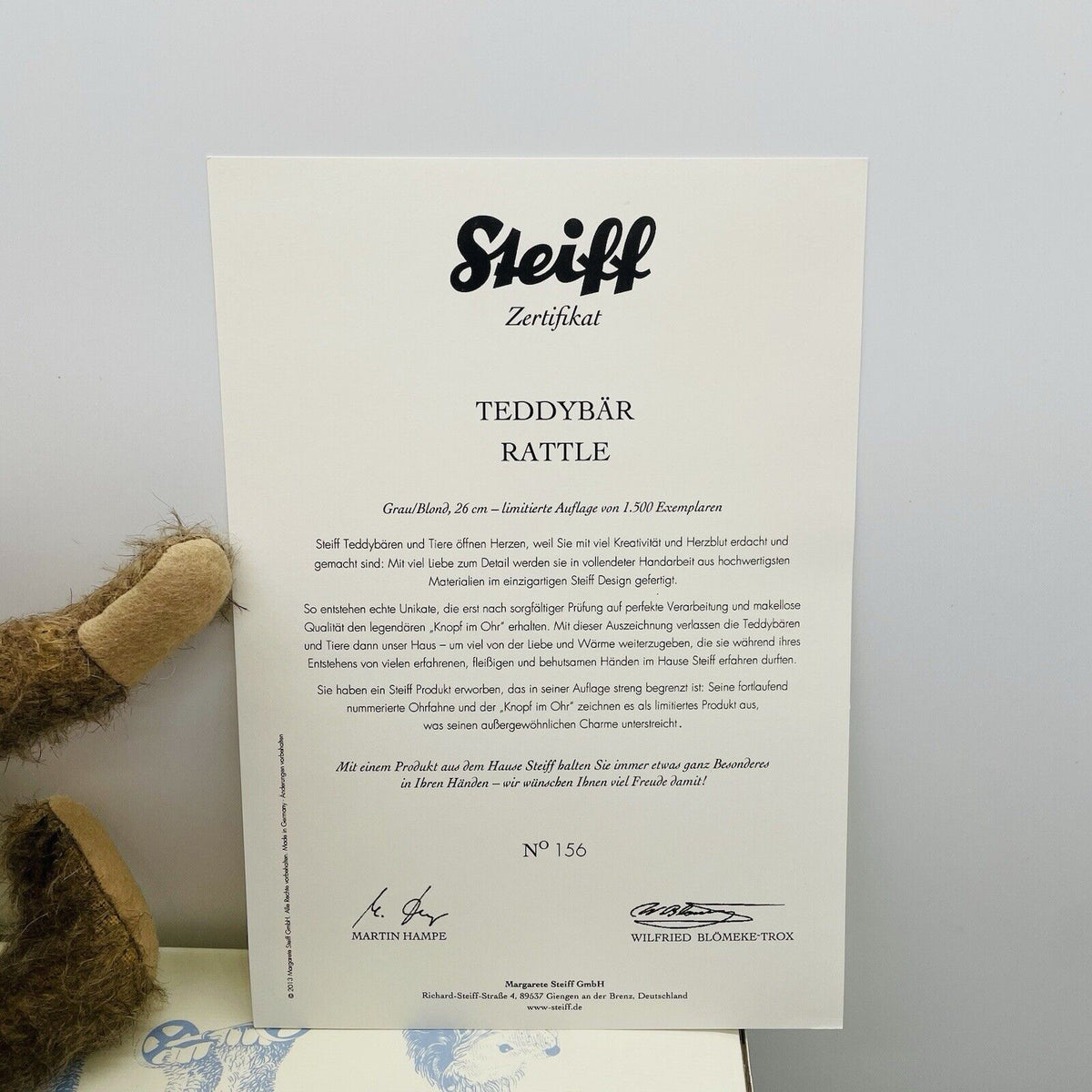 Steiff 656712 Teddybär Rattle limitiert 1500 aus 2013 26 cm Mohair