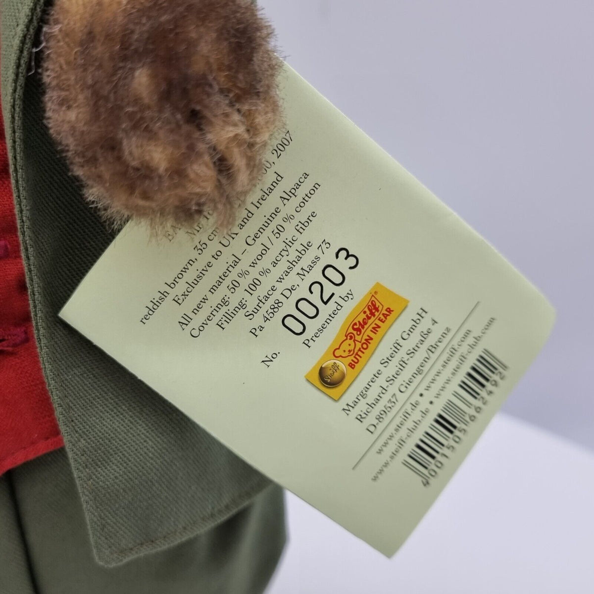 Steiff 662492 Beatrix Potter Mr. Tod limitiert 1500 aus 2007 35 cm Alpaca