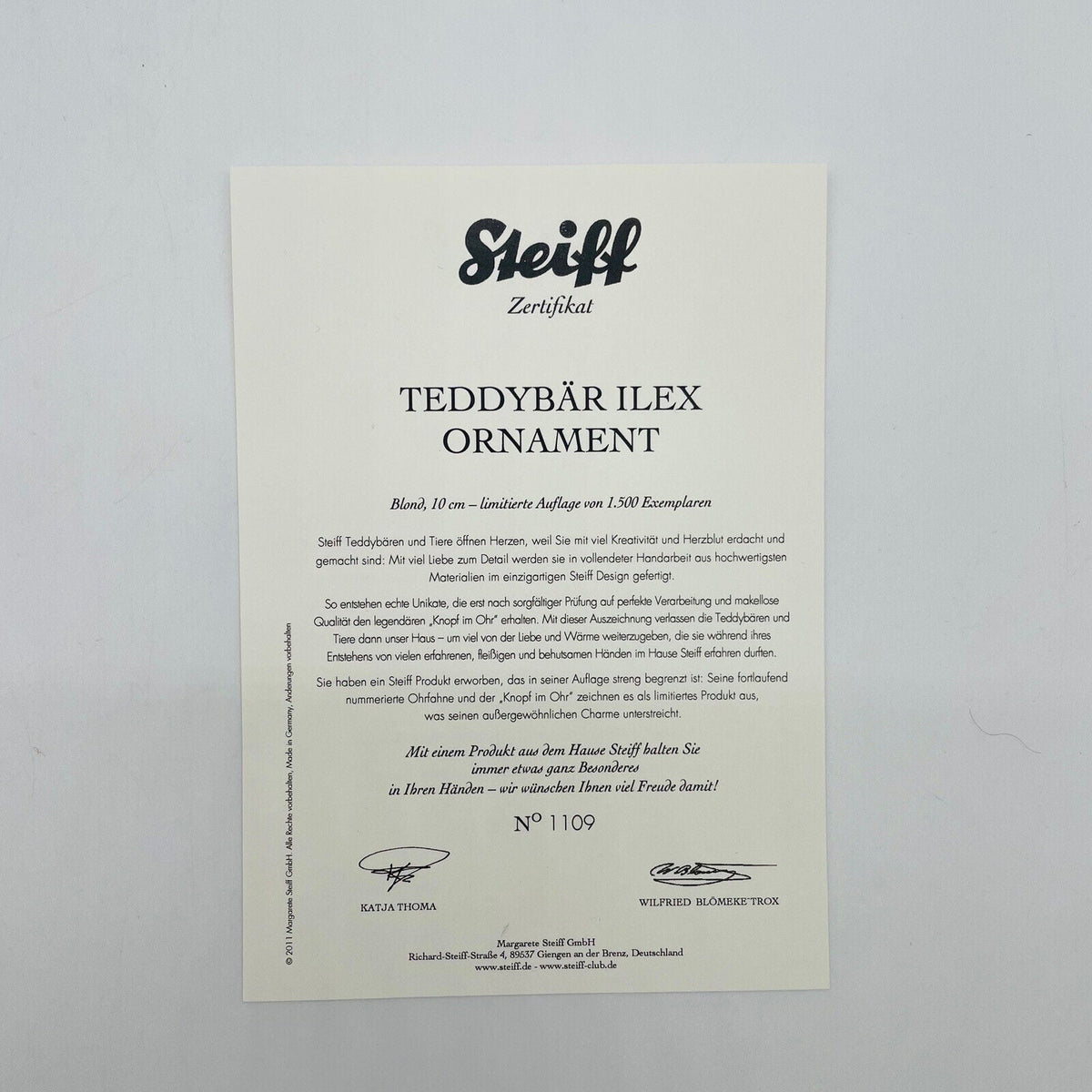 Steiff Teddybär Ilex Ornament 035975 limitiert 1500 aus 2011 10cm