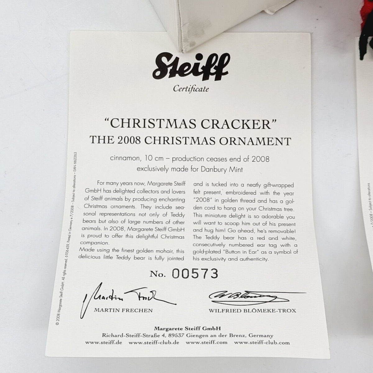Steiff 662263 Christmas Cracker 2008 Teddybär Ornament 10 cm