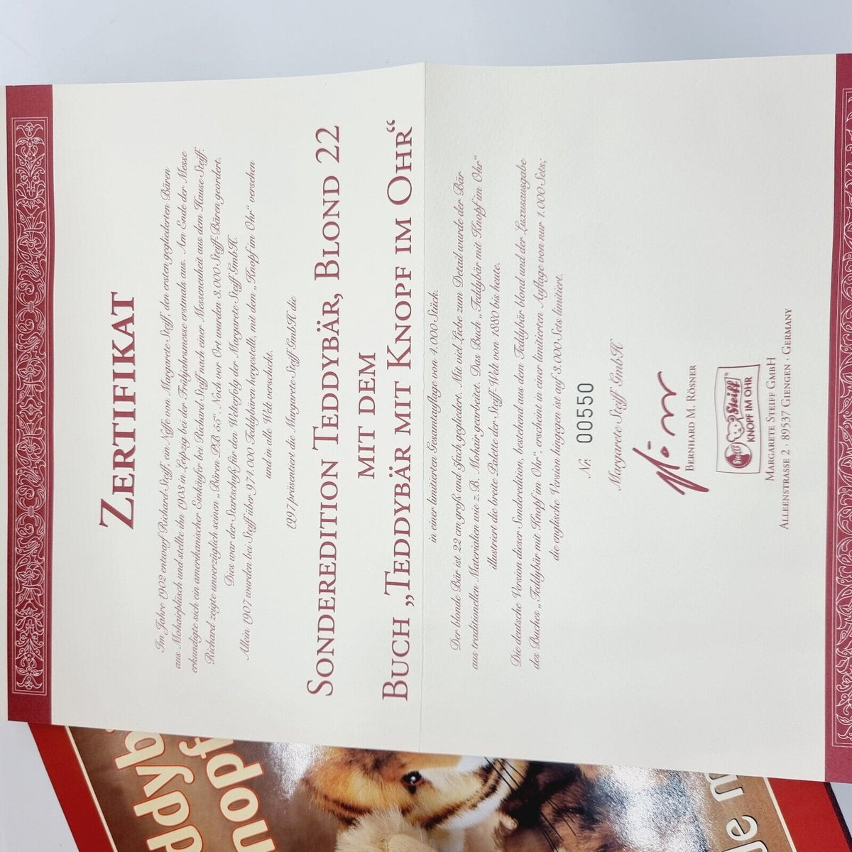 Steiff 670176 Teddybär blond mit Buch "Teddybär mit Knopf im Ohr limitiert 1000