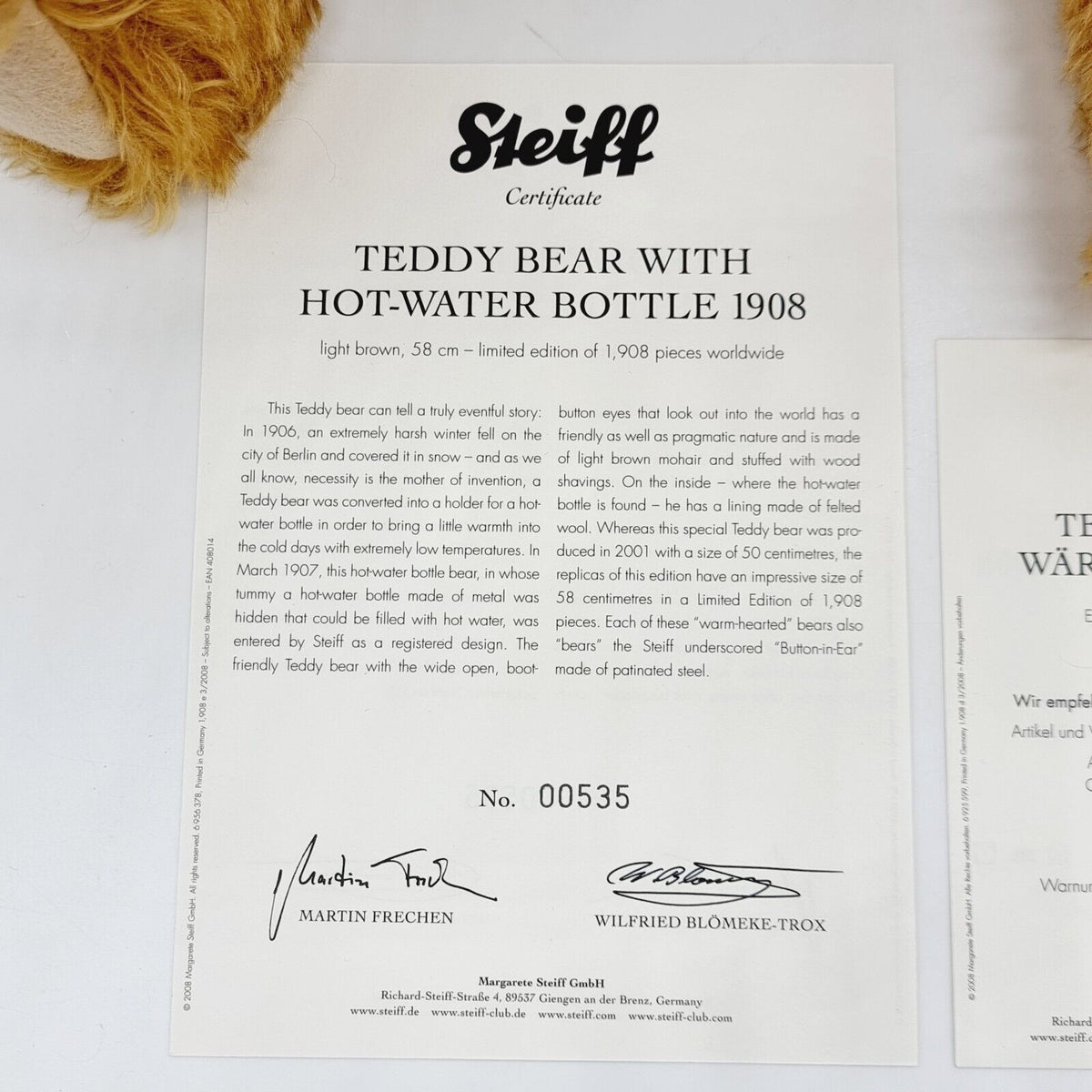 Steiff 408014 Teddybär mit Wärmflasche 1908 Replica limitiert 1908 58 cm Mohair