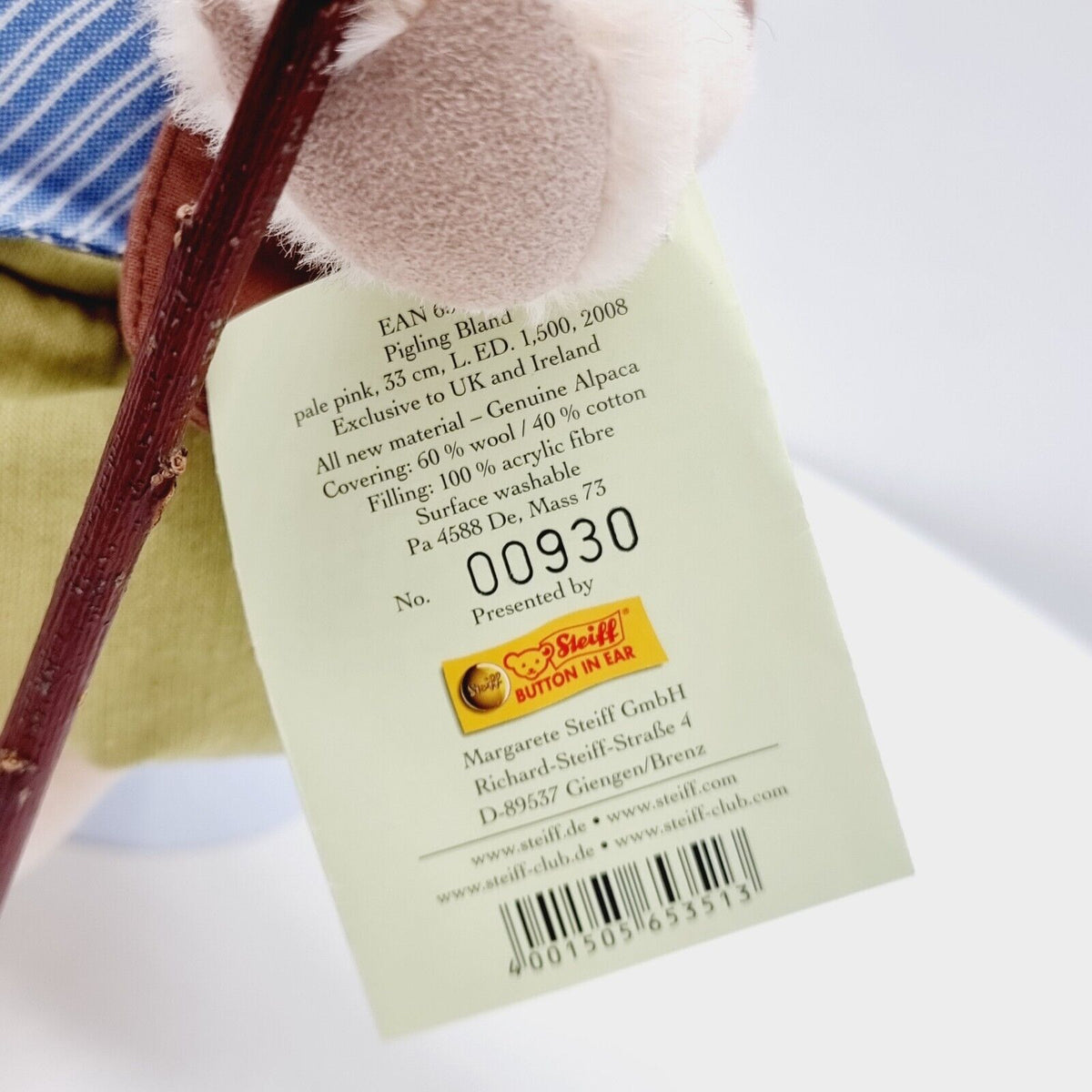 Steiff 653513 Beatrix Potter Schwein Pigling Bland limitiert 1500 33 cm Mohair