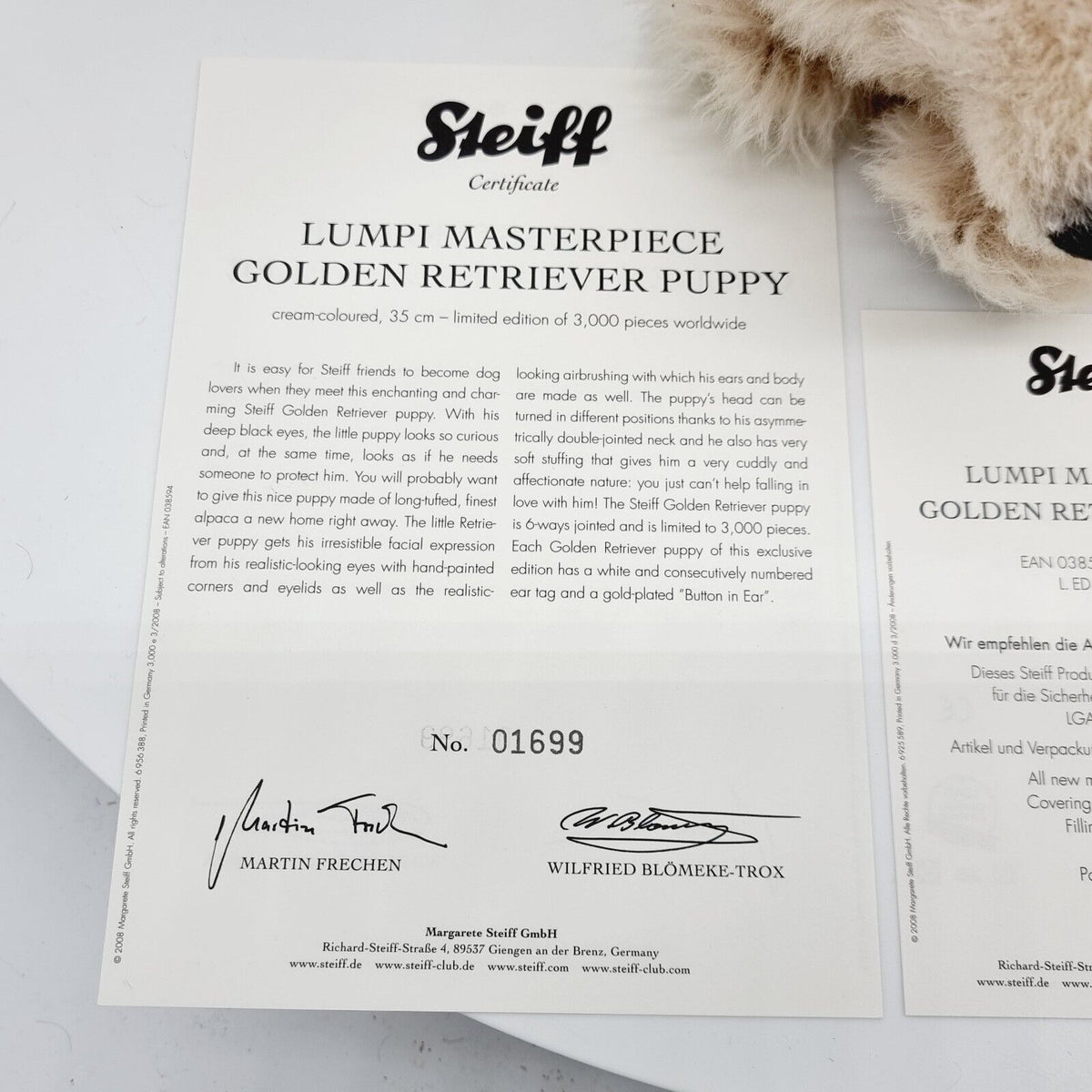 Steiff 038594 Lumpi Masterpiece Golden Retriever Welpe 35 cm limitiert 3000