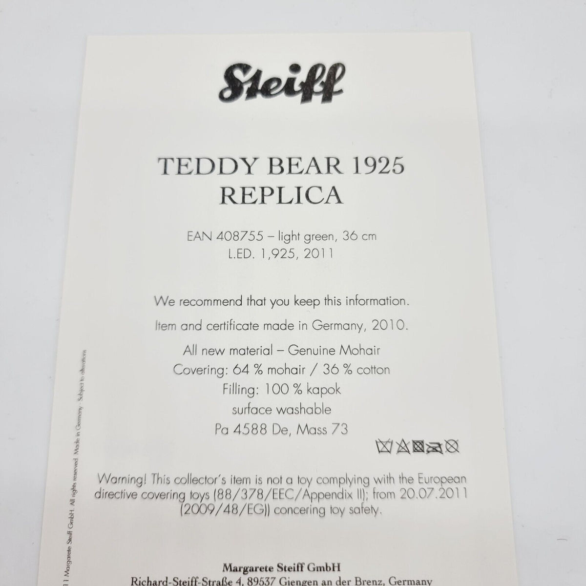 Steiff 408755 Teddybär 1925 Replica hellgrün limitiert 1925 36 cm Mohair
