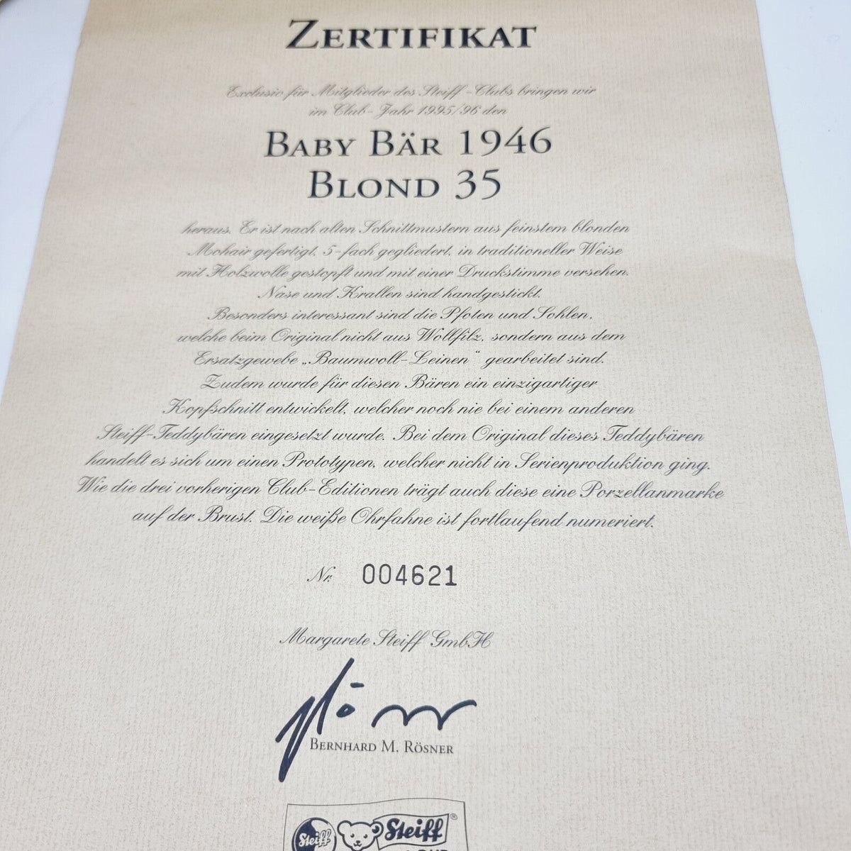 Steiff 420054 Club Edition Baby Bär blond 35cm 1995 limitiert Zertifikat